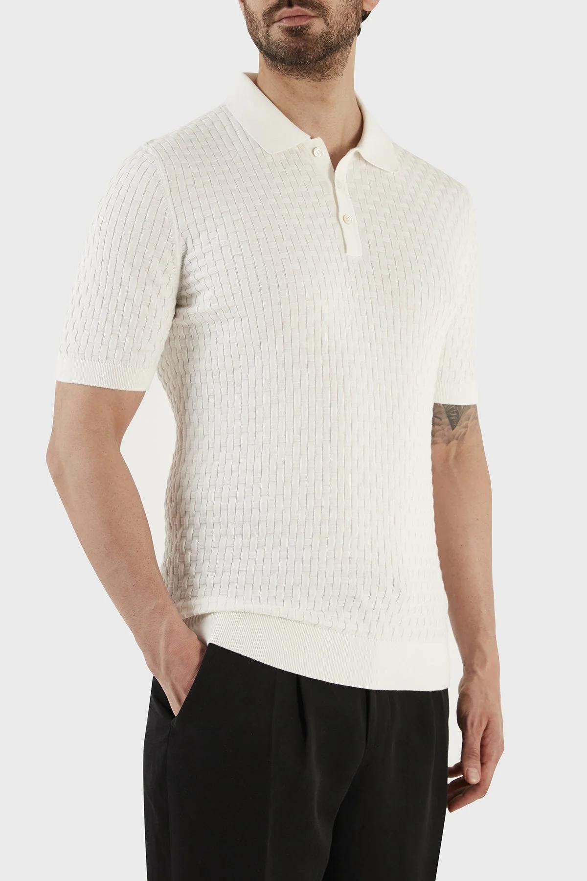 Gran Sasso % 100 Pamuk Regular Fit Triko Düğmeli Erkek Polo T Shirt 57113 18018 005 BEYAZ - 3