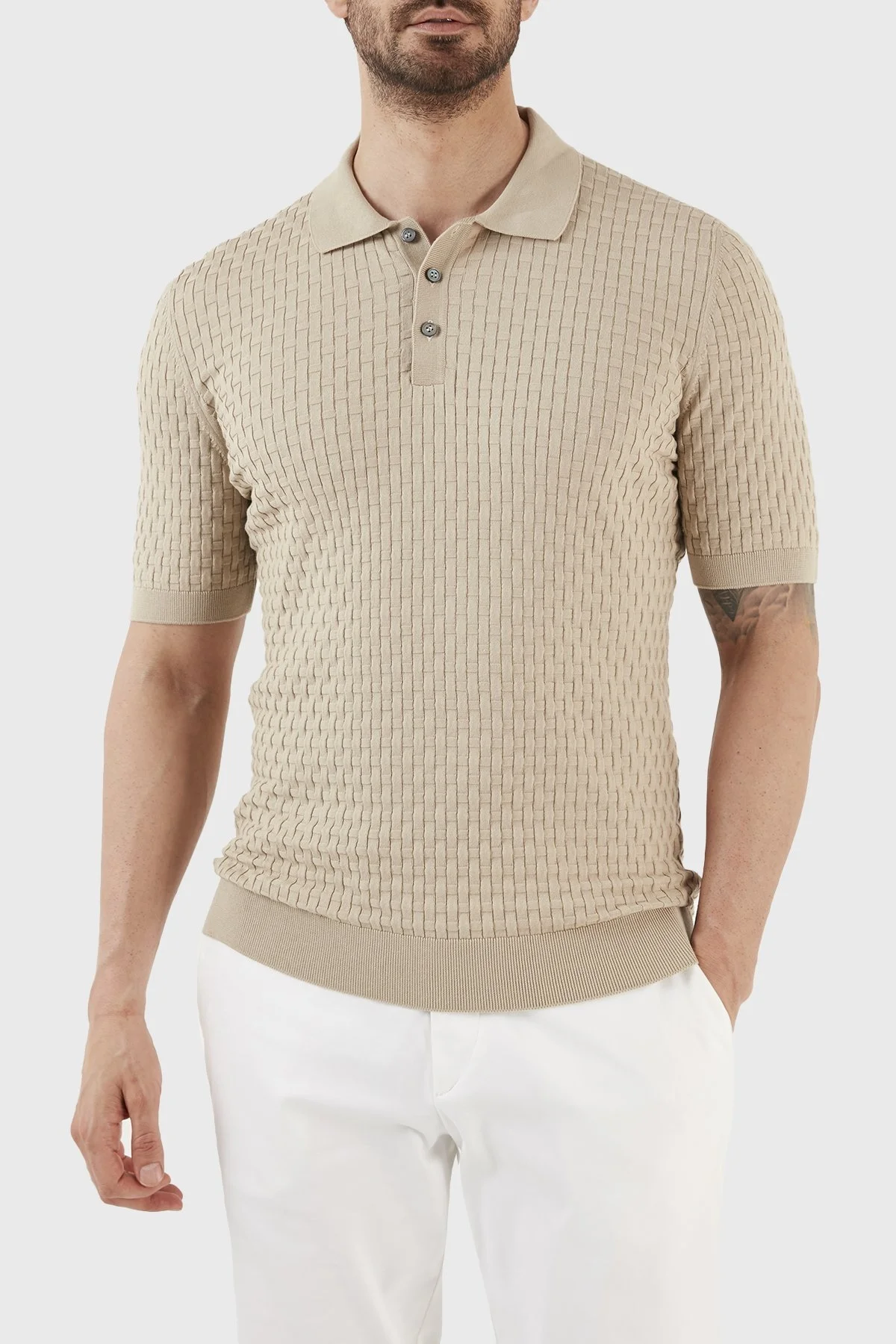 Gran Sasso % 100 Pamuk Regular Fit Triko Düğmeli Erkek Polo T Shirt 57113 18018 120 BEJ - 1