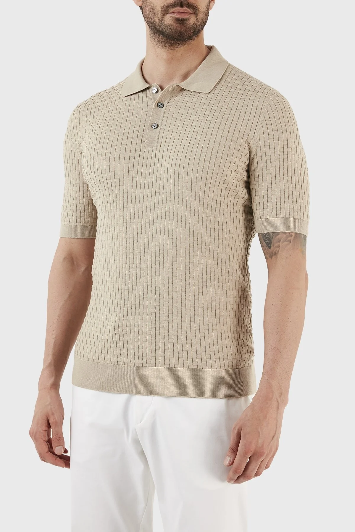 Gran Sasso % 100 Pamuk Regular Fit Triko Düğmeli Erkek Polo T Shirt 57113 18018 120 BEJ - 2