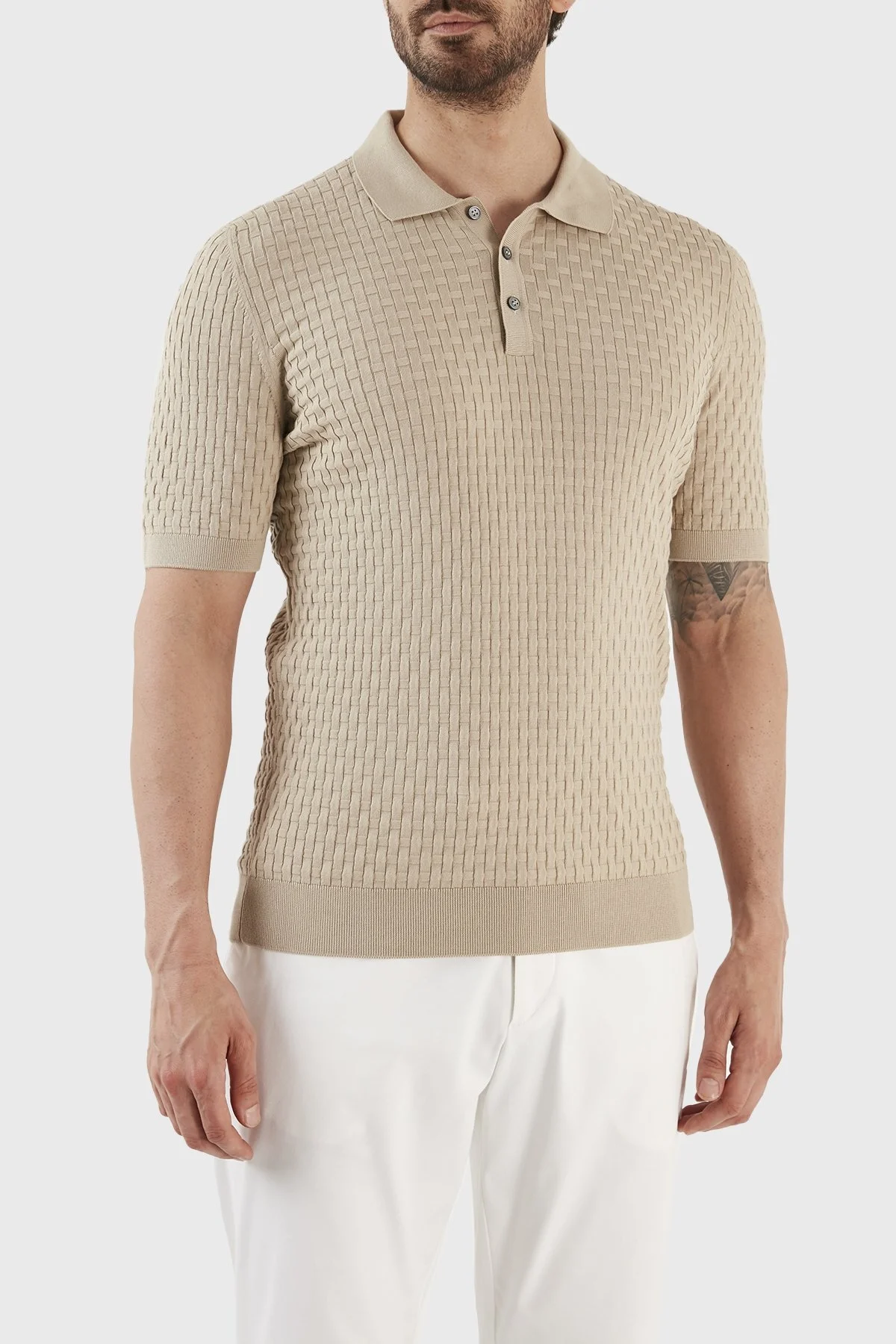 Gran Sasso % 100 Pamuk Regular Fit Triko Düğmeli Erkek Polo T Shirt 57113 18018 120 BEJ - 3
