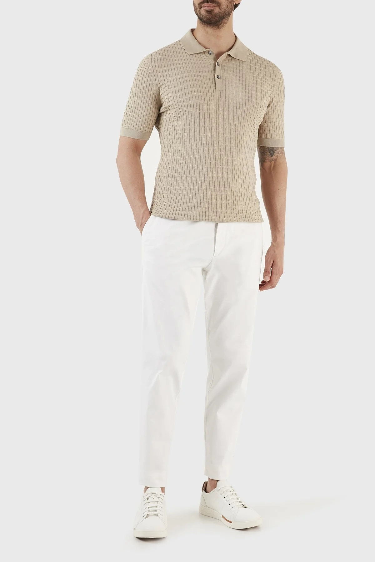 Gran Sasso % 100 Pamuk Regular Fit Triko Düğmeli Erkek Polo T Shirt 57113 18018 120 BEJ - 4