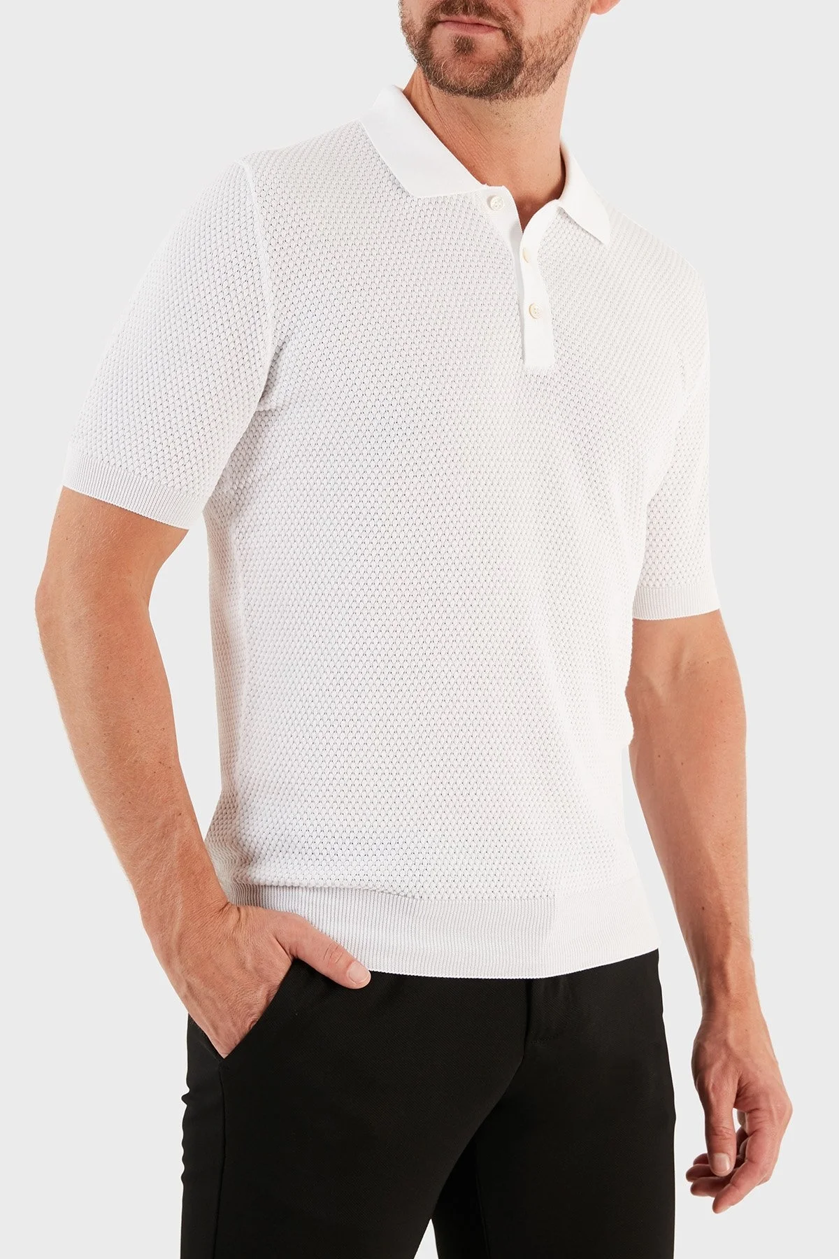 Gran Sasso % 100 Pamuk Slim Fit Düğmeli Erkek Polo T Shirt 57113 20620 002 BEYAZ - 5