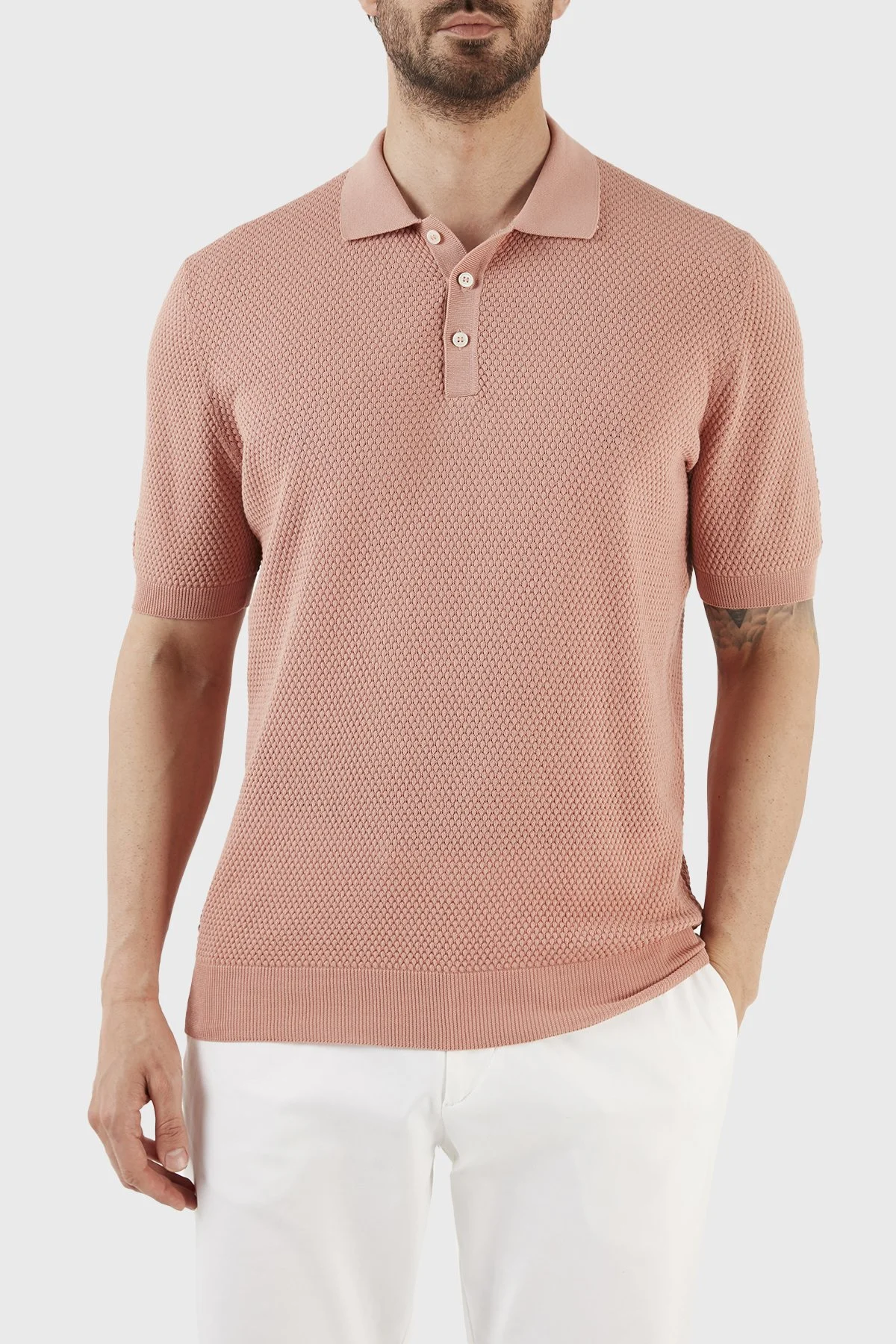 Gran Sasso % 100 Pamuk Slim Fit Düğmeli Erkek Polo T Shirt 57113 20620 329 PUDRA - 1