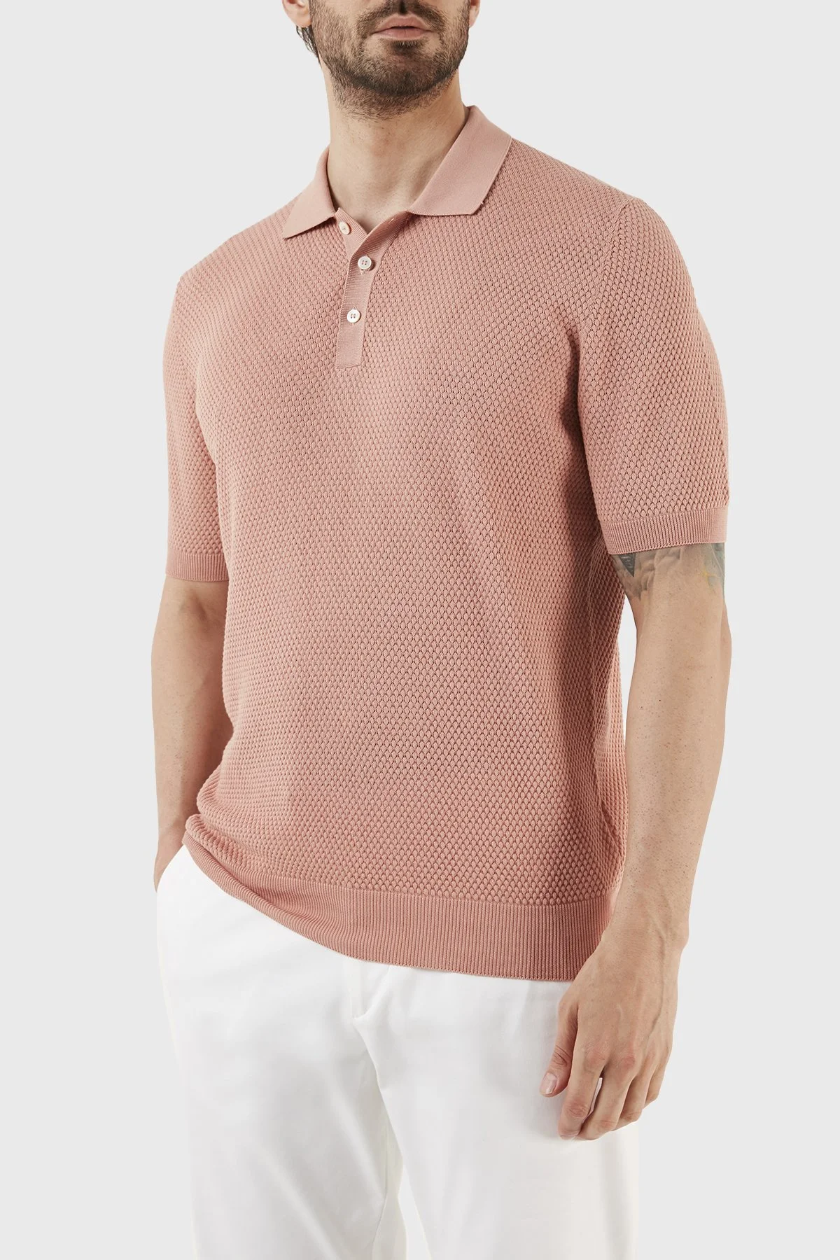 Gran Sasso % 100 Pamuk Slim Fit Düğmeli Erkek Polo T Shirt 57113 20620 329 PUDRA - 3