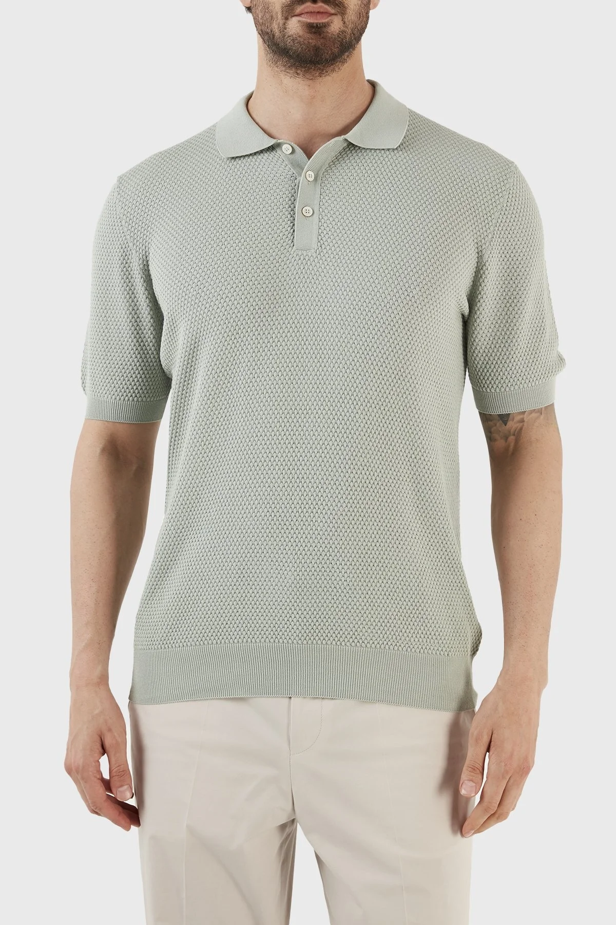 Gran Sasso % 100 Pamuk Slim Fit Düğmeli Erkek Polo T Shirt 57113 20620 412 MİNT - 1