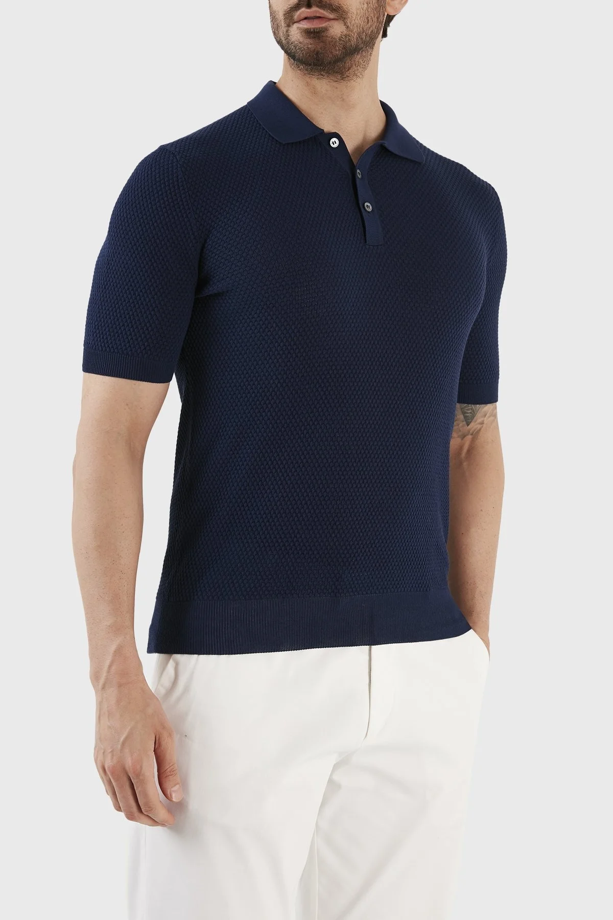Gran Sasso % 100 Pamuk Slim Fit Düğmeli Erkek Polo T Shirt 57113 20620 578 LACİVERT - 3