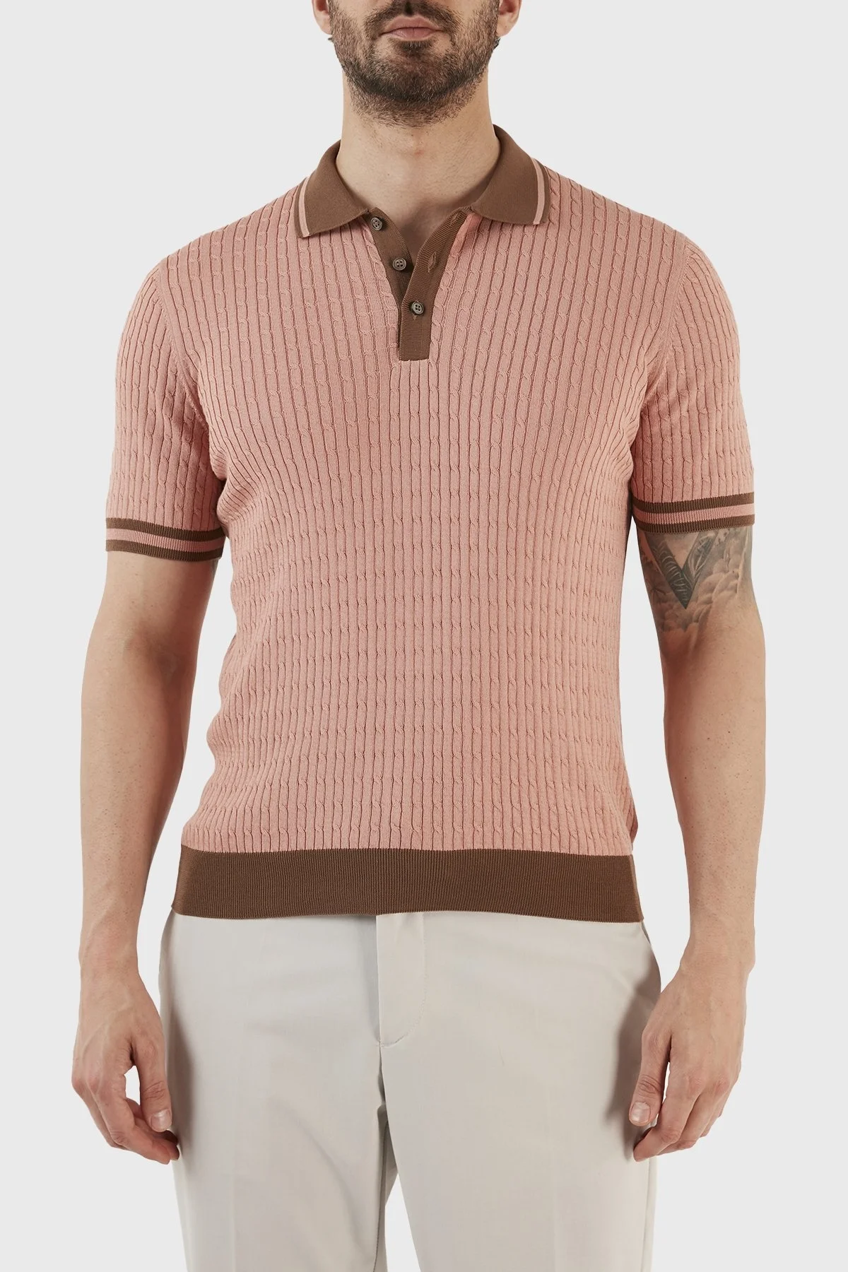 Gran Sasso % 100 Pamuk Slim Fit Düğmeli Erkek Polo T Shirt 57113 20625 329 PUDRA - 1