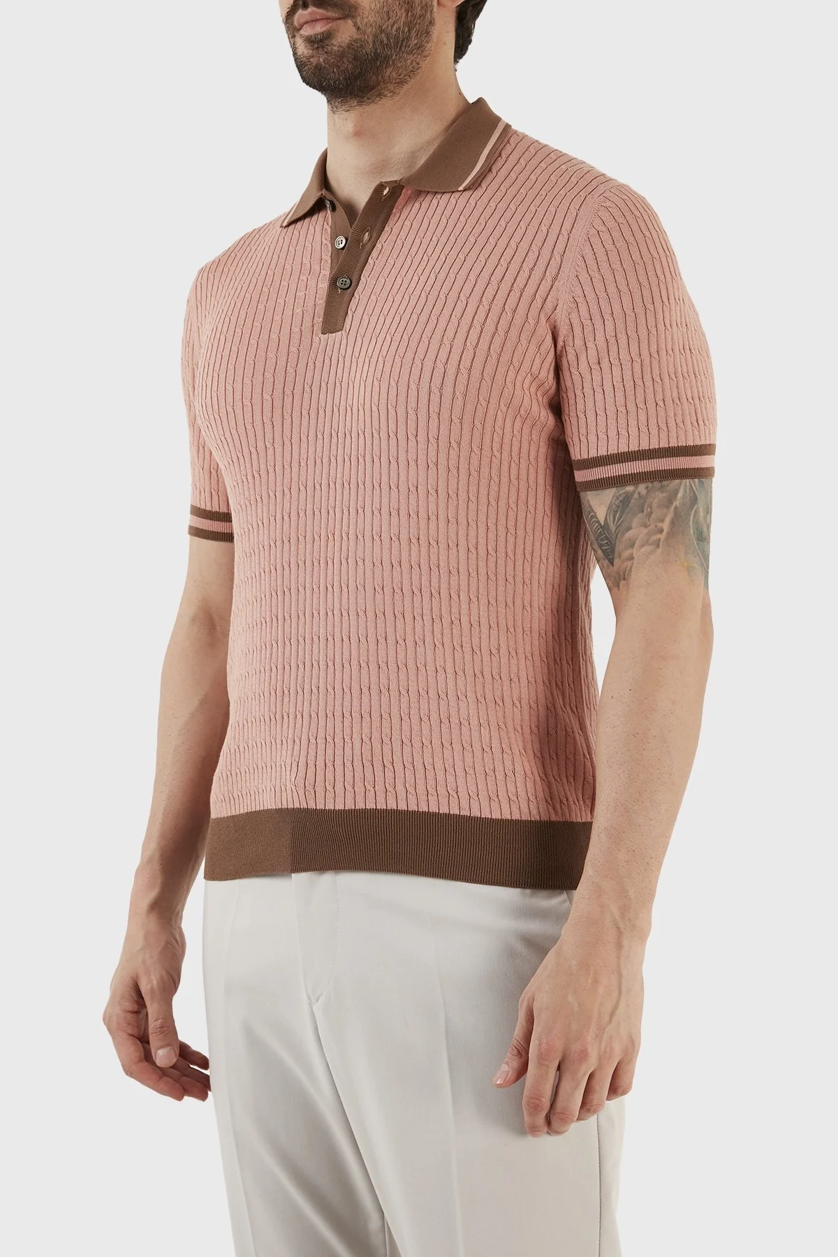 Gran Sasso % 100 Pamuk Slim Fit Düğmeli Erkek Polo T Shirt 57113 20625 329 PUDRA - 3