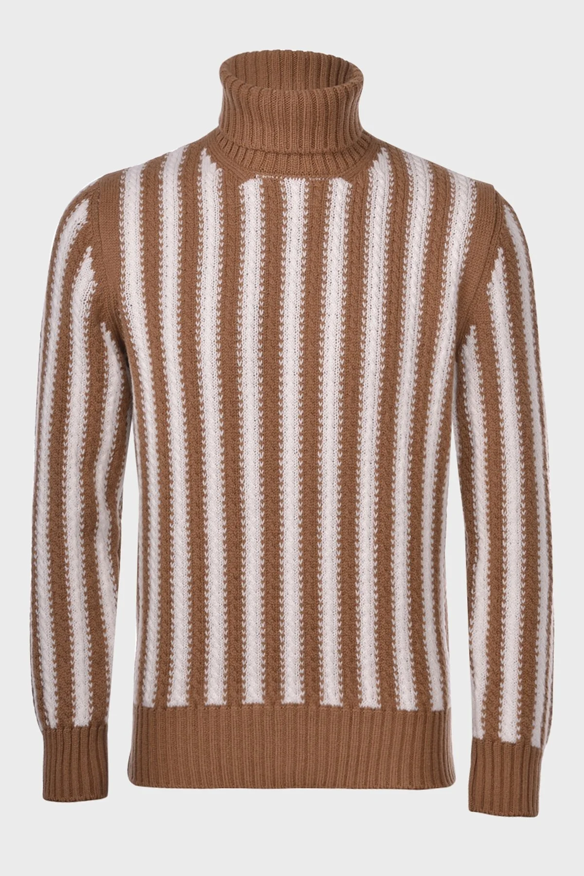 Gran Sasso % 100 Yün Çizgili Boğazlı Yaka Erkek Kazak 13121 22647 117 KAHVE - 3