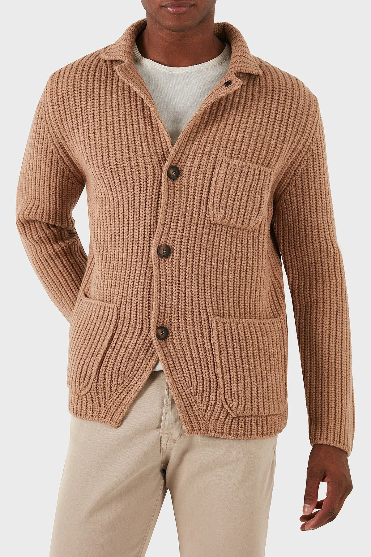 Gran Sasso % 100 Yün Regular Fit 3 Düğmeli Cepli Örme Erkek Hırka 10166 25028 130 TABA - 4