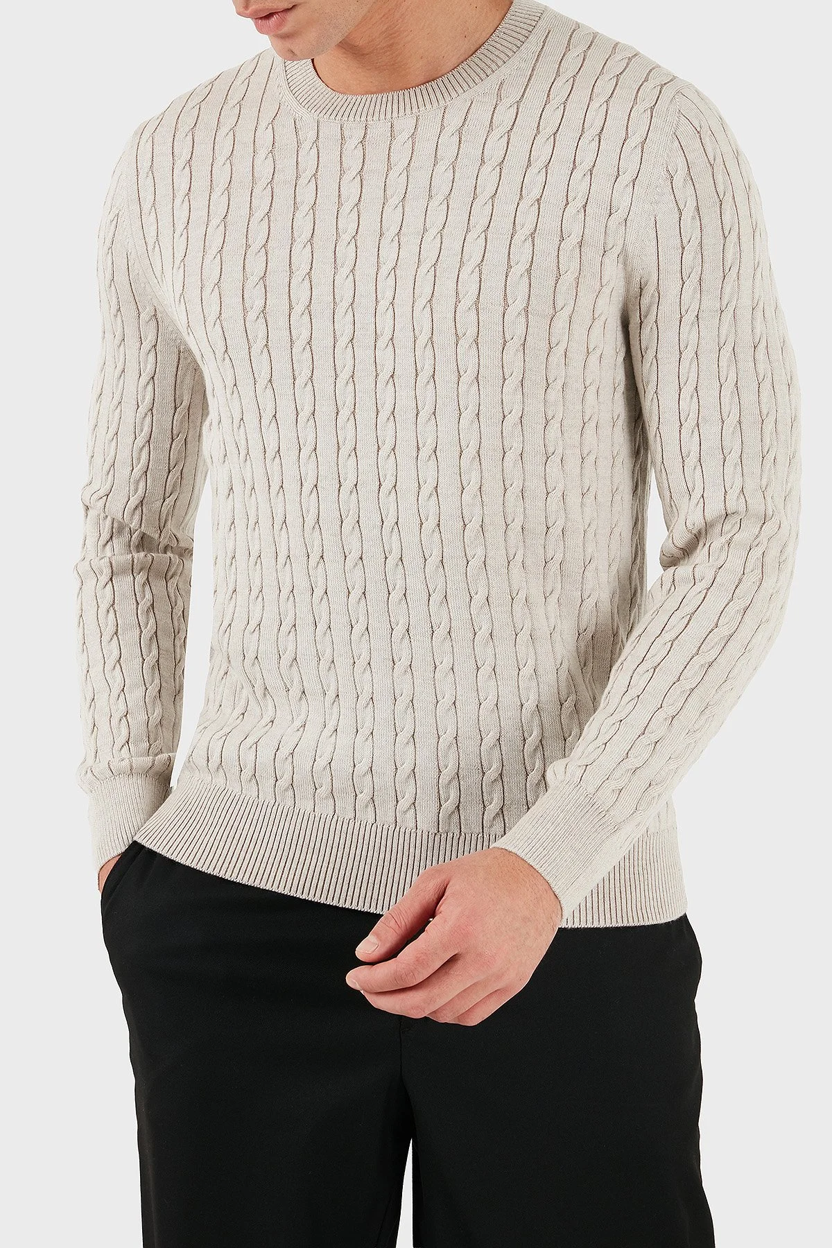 Gran Sasso % 100 Yün Regular Fit Bisiklet Yaka Erkek Kazak 57101 14401 005 BEJ - 3