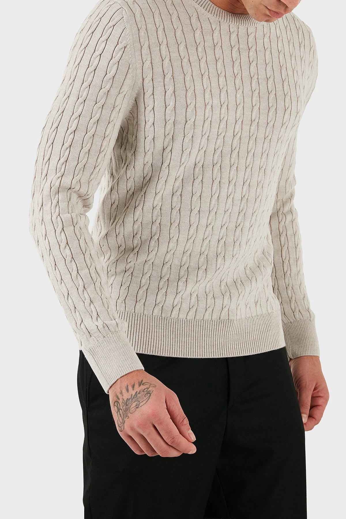 Gran Sasso % 100 Yün Regular Fit Bisiklet Yaka Erkek Kazak 57101 14401 005 BEJ - 4