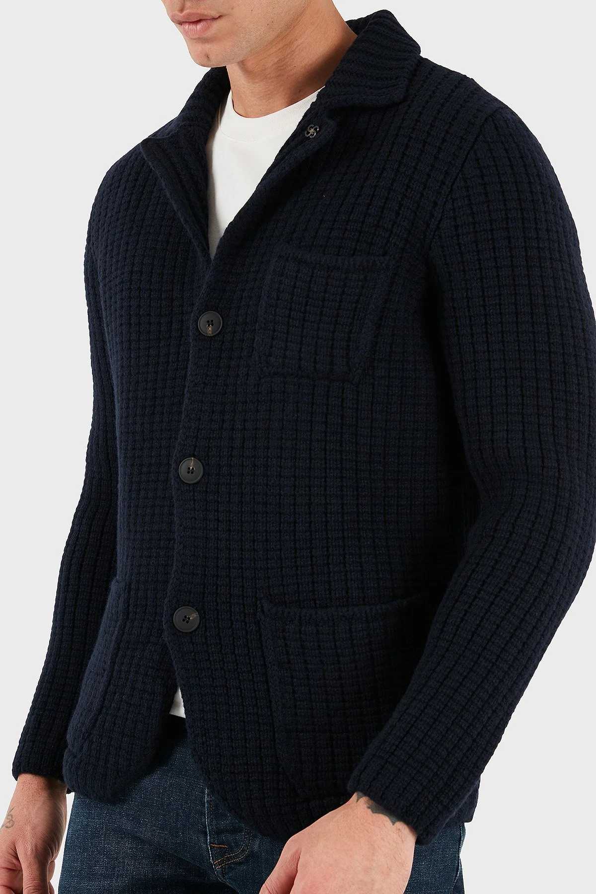 Gran Sasso % 100 Yün Regular Fit Cepli Düğmeli Örme Erkek Ceket 10166 25073 598 LACİVERT - 3