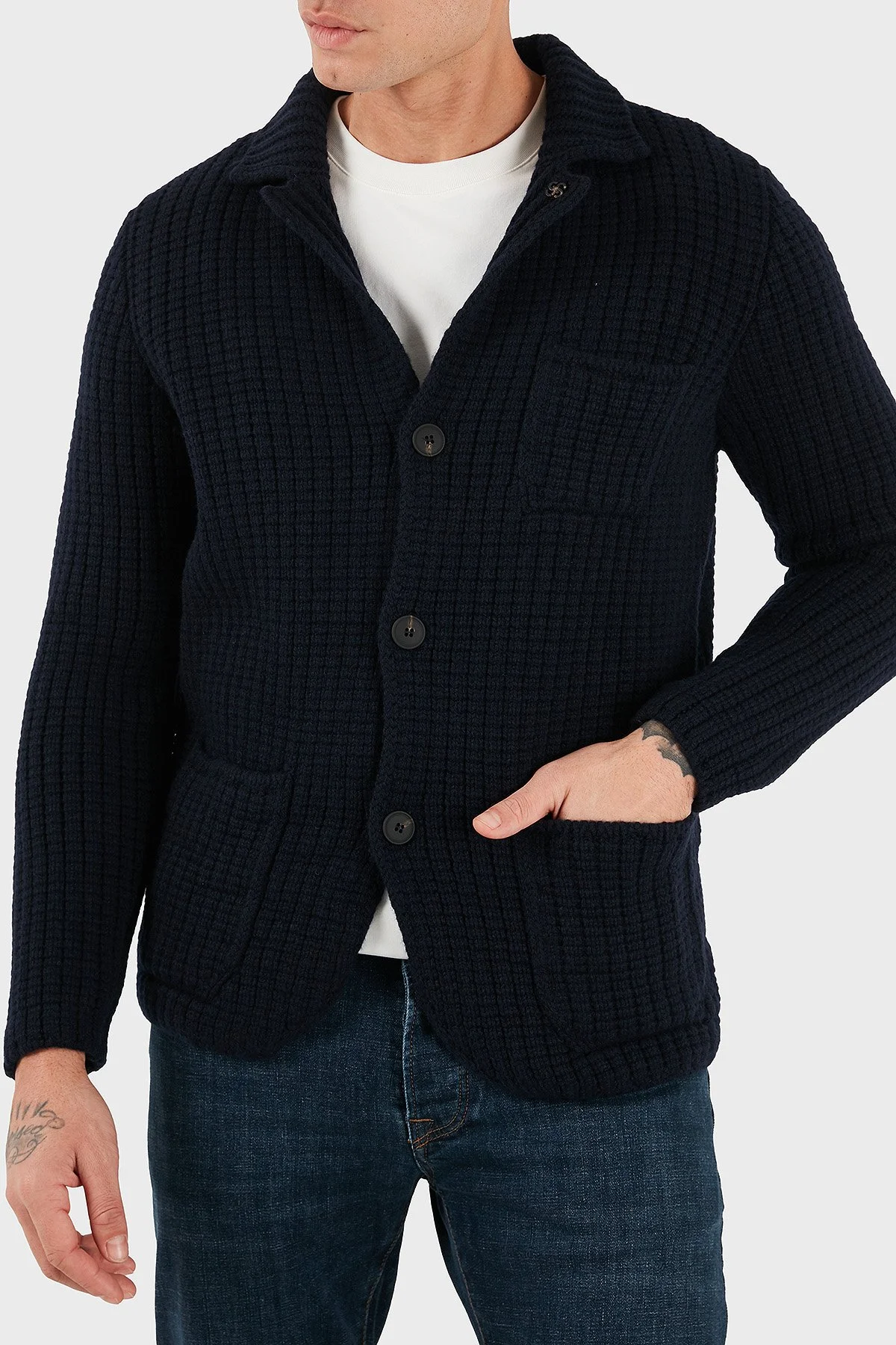 Gran Sasso % 100 Yün Regular Fit Cepli Düğmeli Örme Erkek Ceket 10166 25073 598 LACİVERT - 4