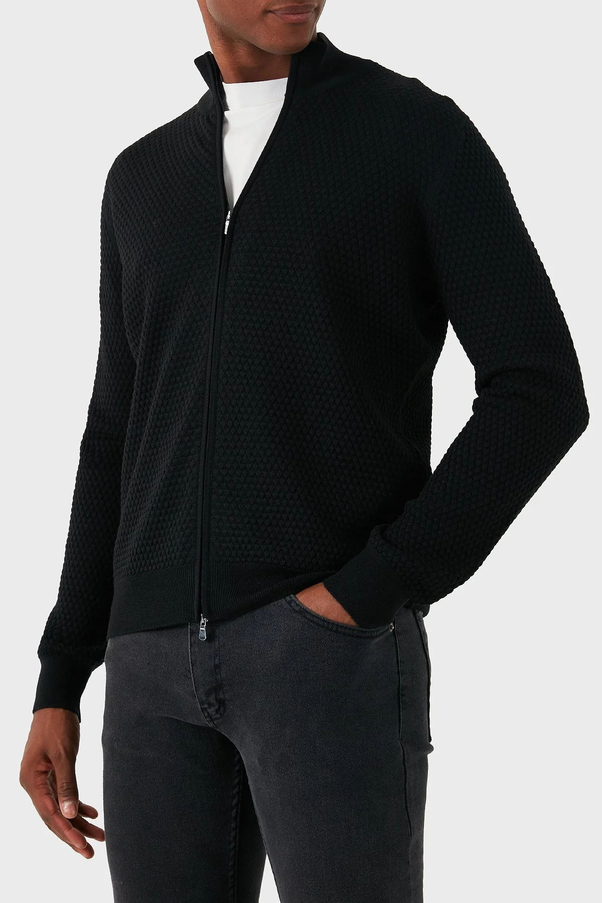 Gran Sasso % 100 Yün Regular Fit Dik Yaka Fermuarlı Erkek Hırka 57178 14222 099 SİYAH - 4