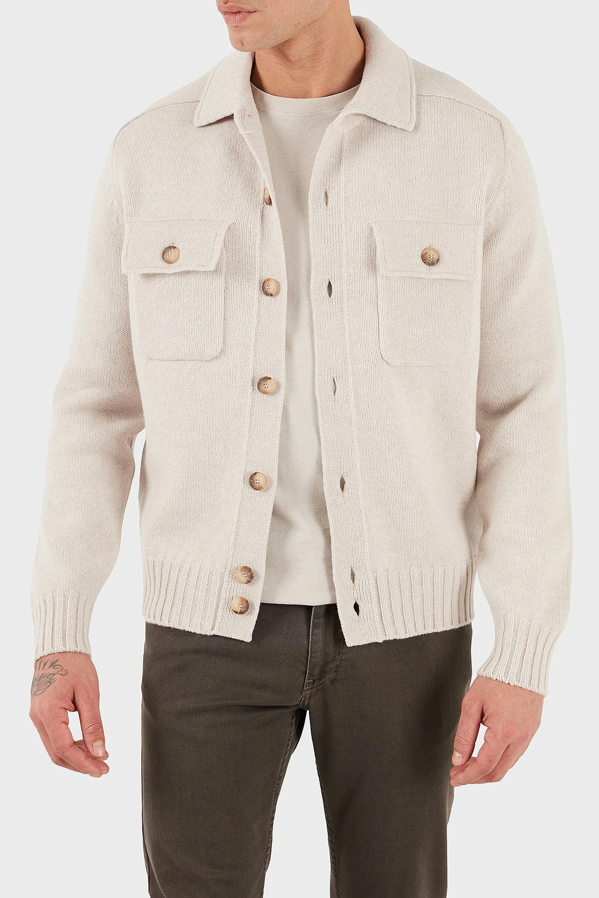 Gran Sasso % 100 Yün Regular Fit Düğmeli Cepli Örme Erkek Ceket 13109 25079 054 EKRU - 1