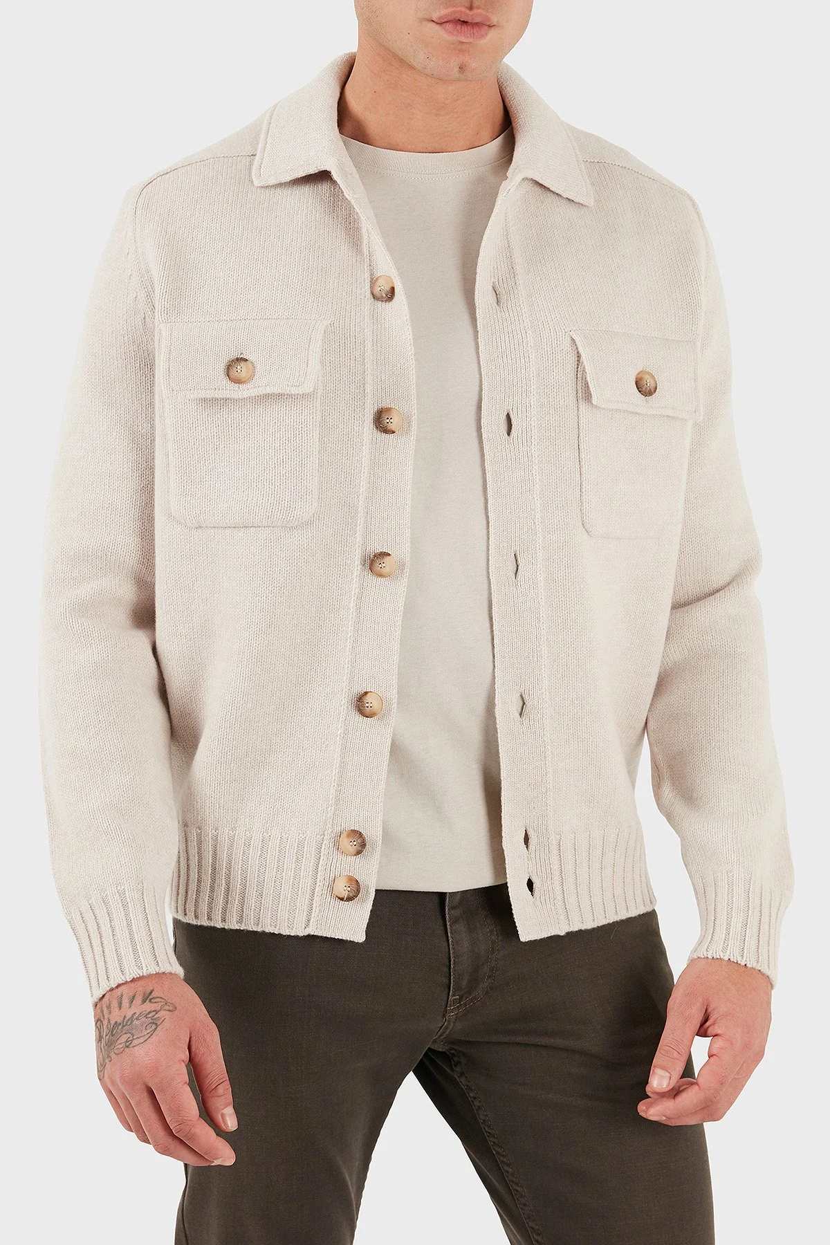 Gran Sasso % 100 Yün Regular Fit Düğmeli Cepli Örme Erkek Ceket 13109 25079 054 EKRU - 3