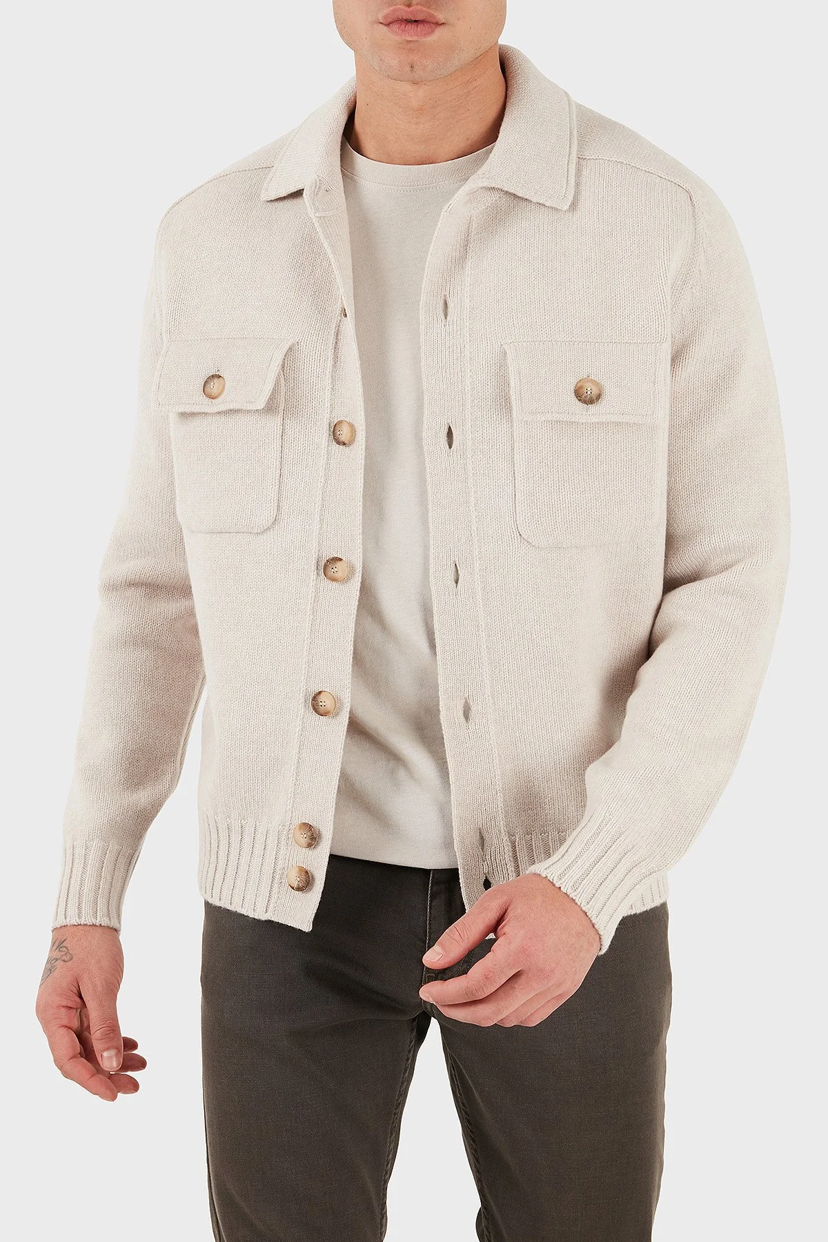 Gran Sasso % 100 Yün Regular Fit Düğmeli Cepli Örme Erkek Ceket 13109 25079 054 EKRU - 4