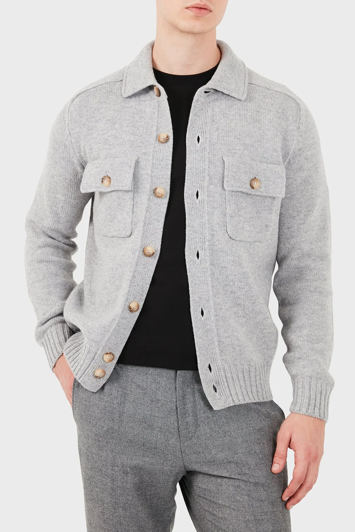 Gran Sasso % 100 Yün Regular Fit Düğmeli Cepli Örme Erkek Ceket 13109 25079 071 Gri - 3