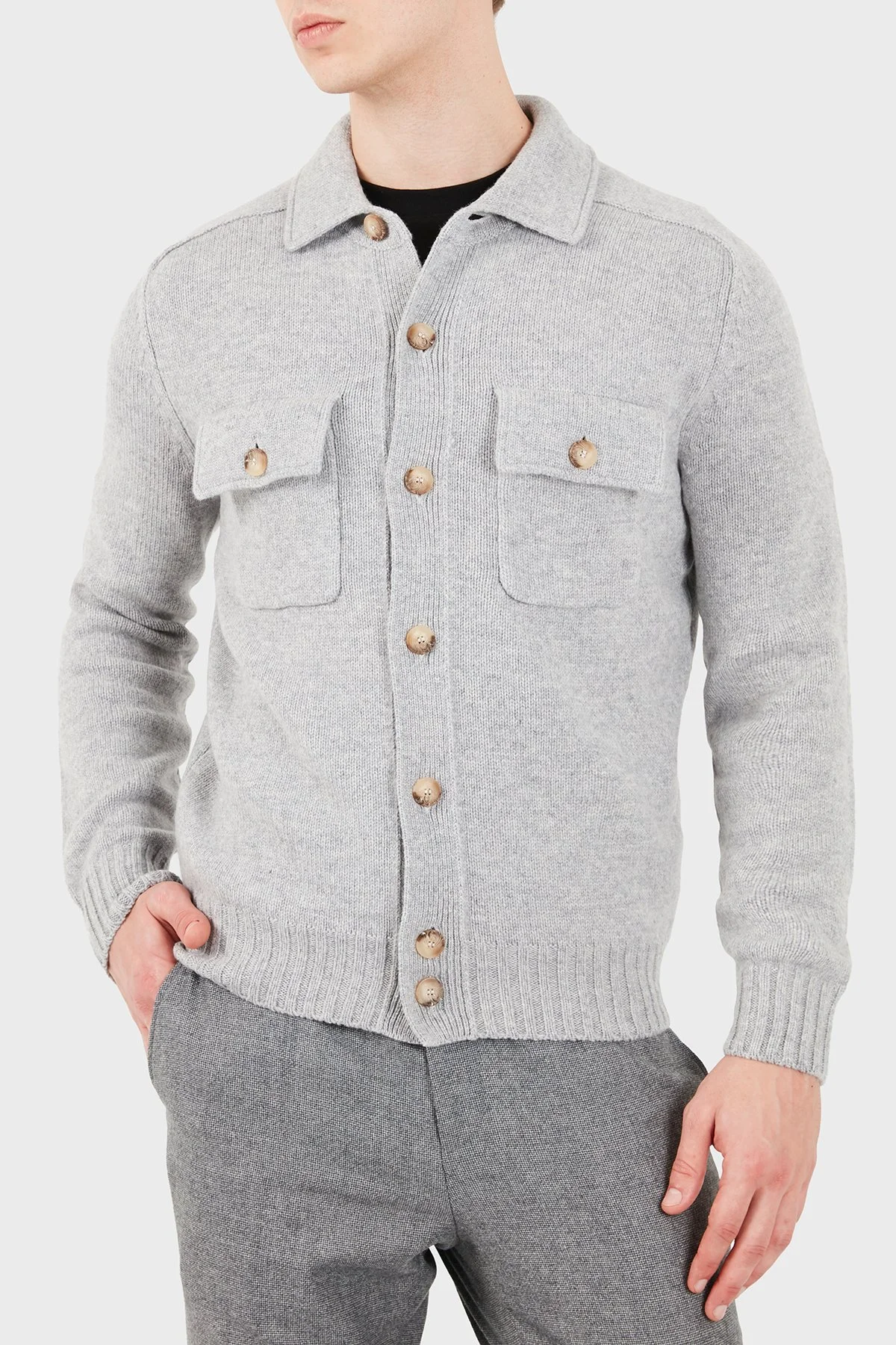 Gran Sasso % 100 Yün Regular Fit Düğmeli Cepli Örme Erkek Ceket 13109 25079 071 Gri - 4