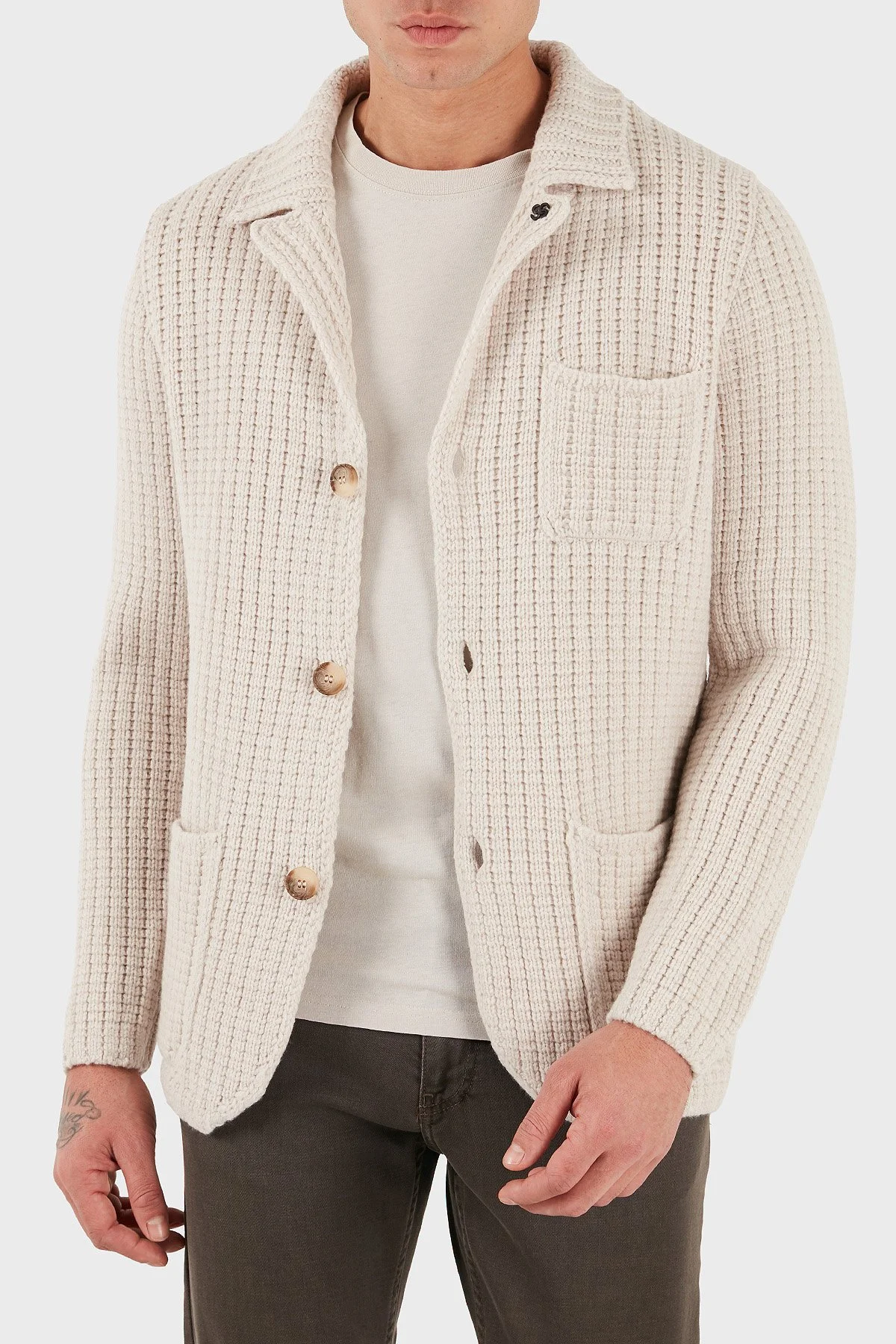 Gran Sasso % 100 Yün Regular Fit Düğmeli Örme Erkek Ceket 10166 25073 054 BEJ - 4