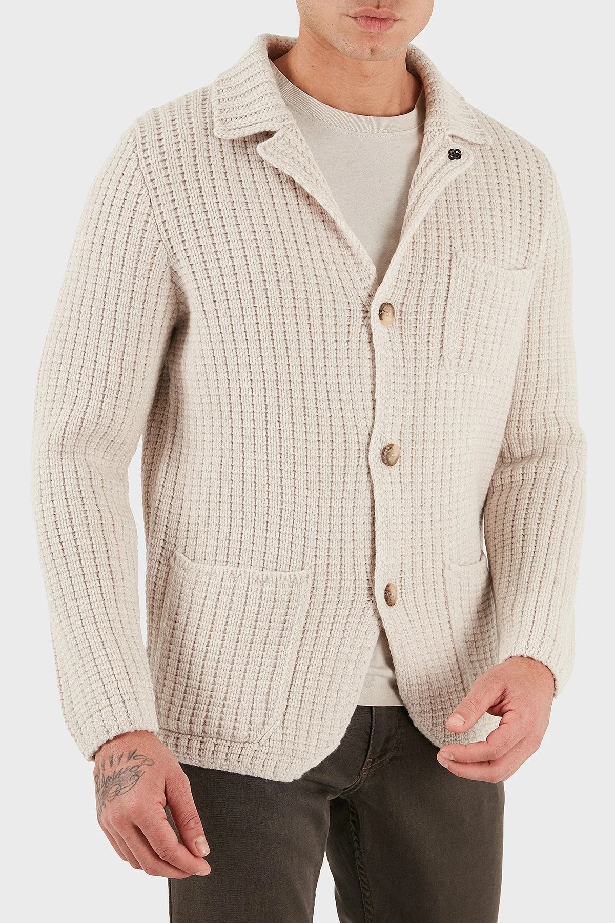 Gran Sasso % 100 Yün Regular Fit Düğmeli Örme Erkek Ceket 10166 25073 054 BEJ - 5