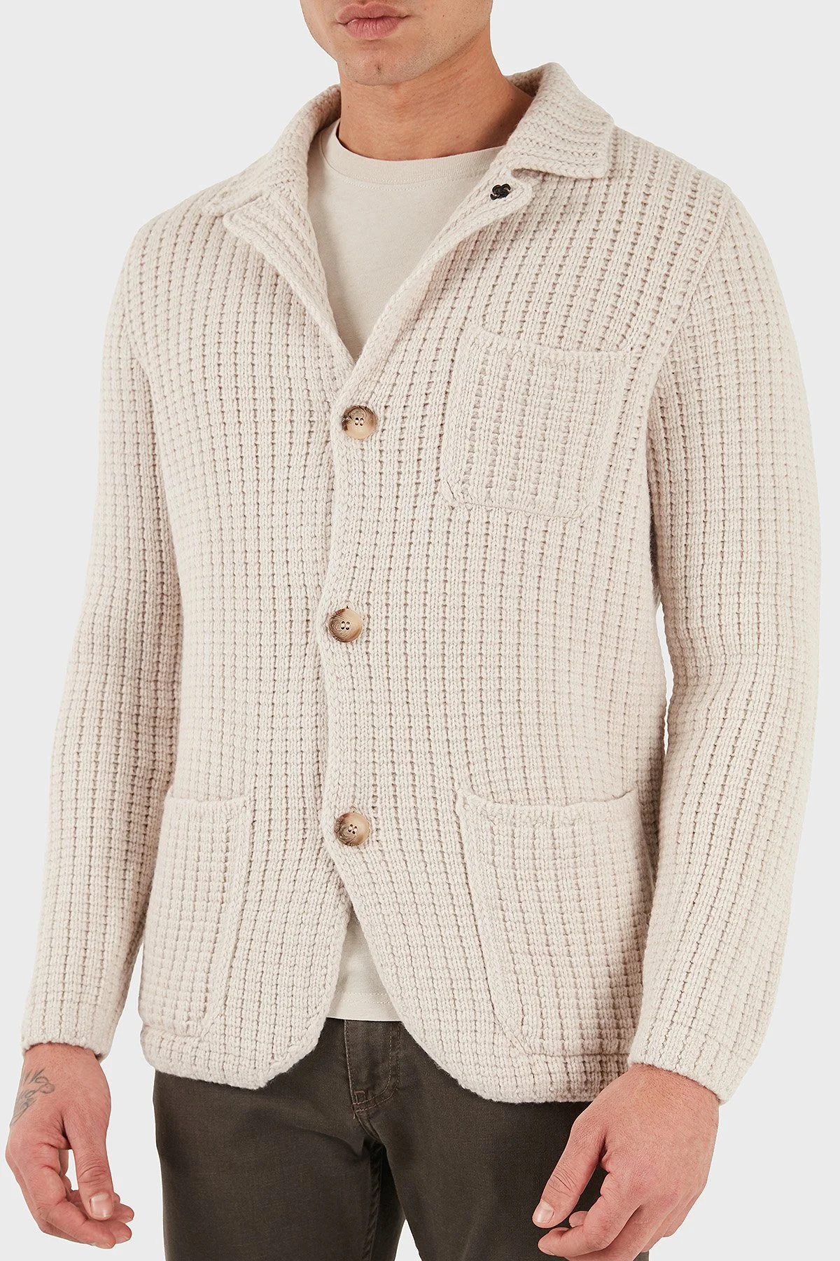 Gran Sasso % 100 Yün Regular Fit Düğmeli Örme Erkek Ceket 10166 25073 054 BEJ - 1