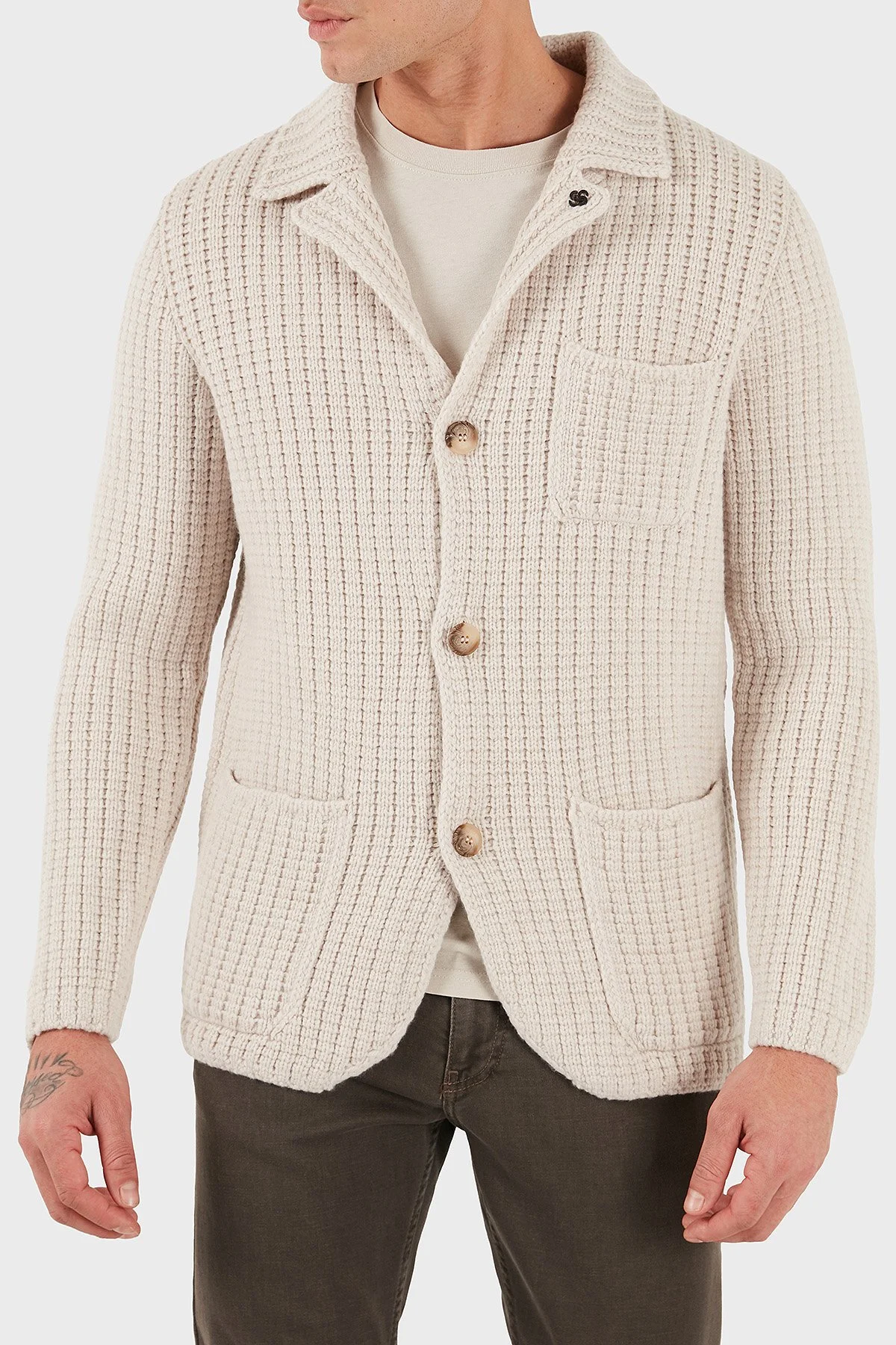 Gran Sasso % 100 Yün Regular Fit Düğmeli Örme Erkek Ceket 10166 25073 054 BEJ - 3