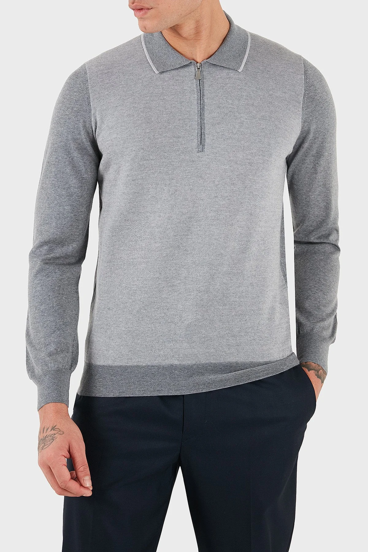 Gran Sasso % 100 Yün Regular Fit Yarım Fermuarlı Erkek Polo Yaka Kazak 43108 14713 090 GRİ - 1