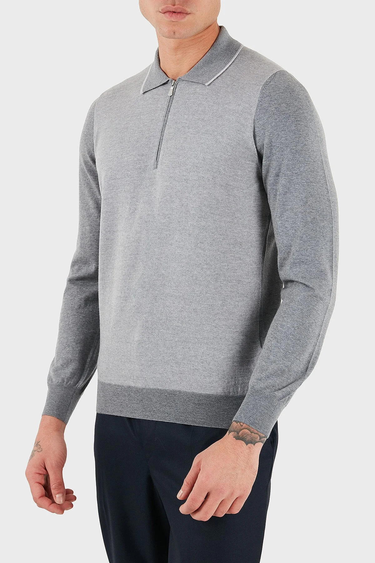 Gran Sasso % 100 Yün Regular Fit Yarım Fermuarlı Erkek Polo Yaka Kazak 43108 14713 090 GRİ - 3