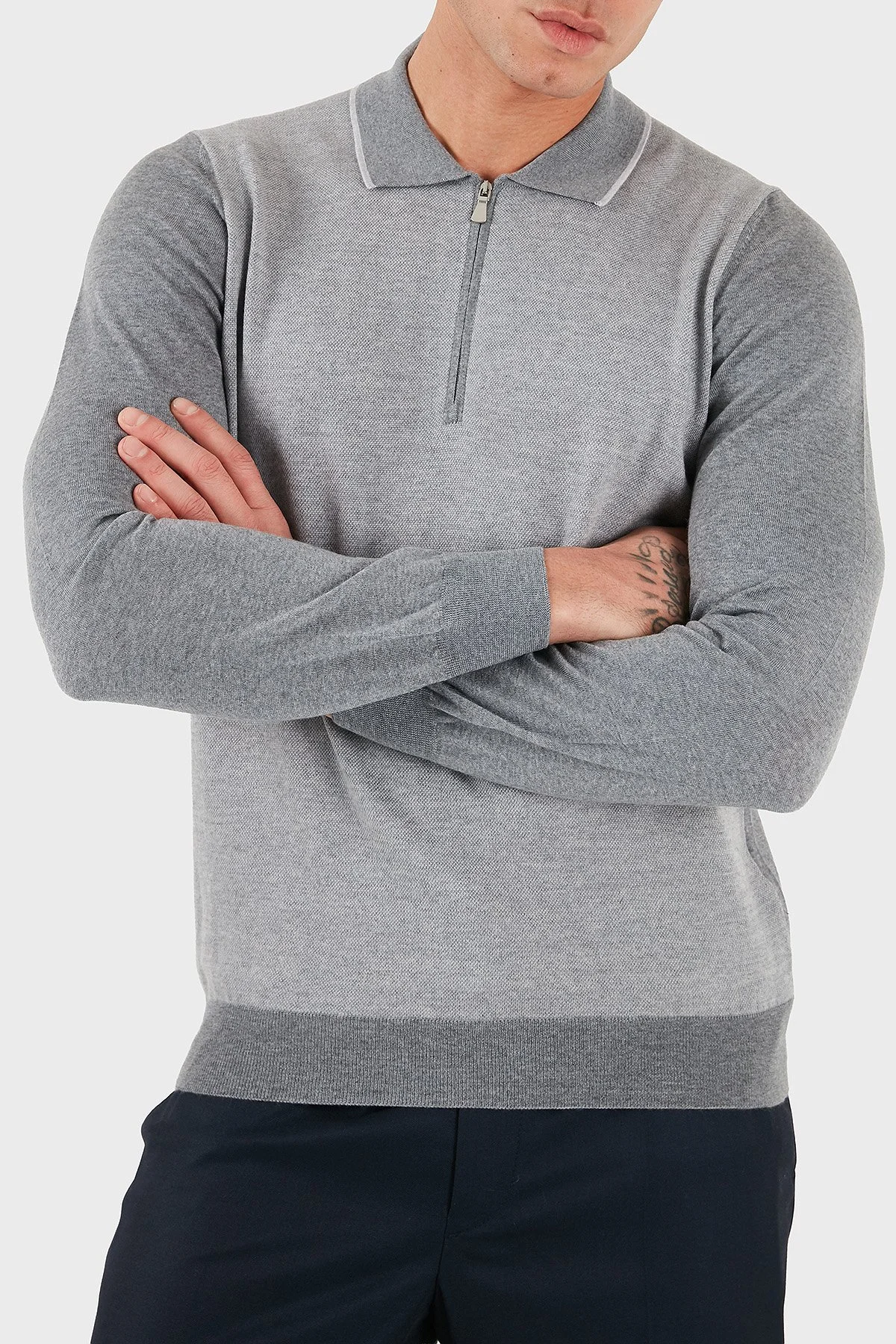 Gran Sasso % 100 Yün Regular Fit Yarım Fermuarlı Erkek Polo Yaka Kazak 43108 14713 090 GRİ - 4