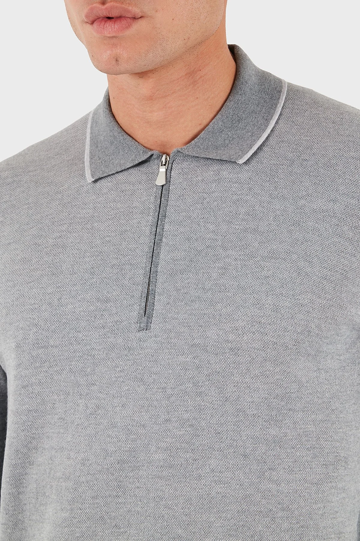 Gran Sasso % 100 Yün Regular Fit Yarım Fermuarlı Erkek Polo Yaka Kazak 43108 14713 090 GRİ - 5