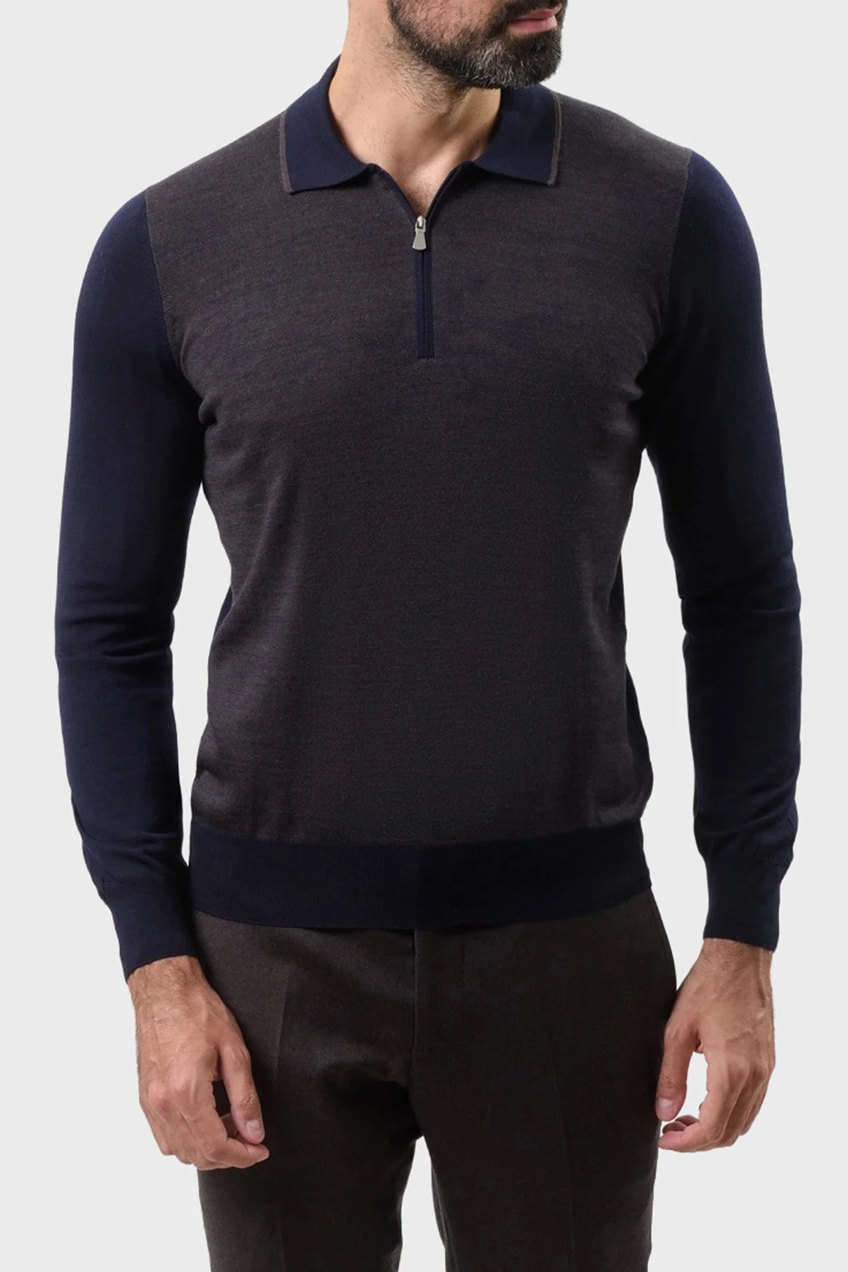 Gran Sasso % 100 Yün Regular Fit Yarım Fermuarlı Erkek Polo Yaka Kazak 43108 14713 598 LACİVERT - 1