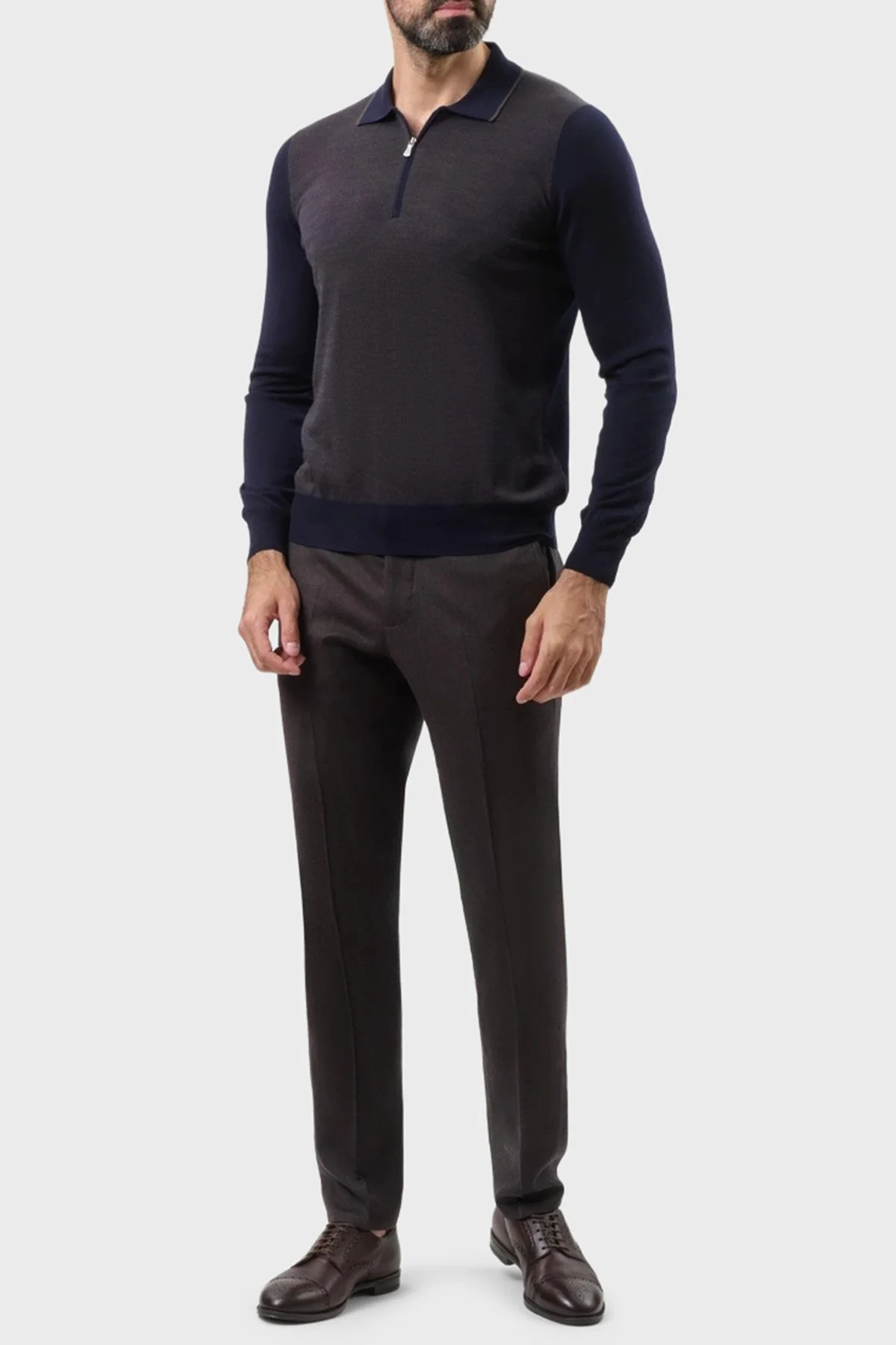 Gran Sasso % 100 Yün Regular Fit Yarım Fermuarlı Erkek Polo Yaka Kazak 43108 14713 598 LACİVERT - 2