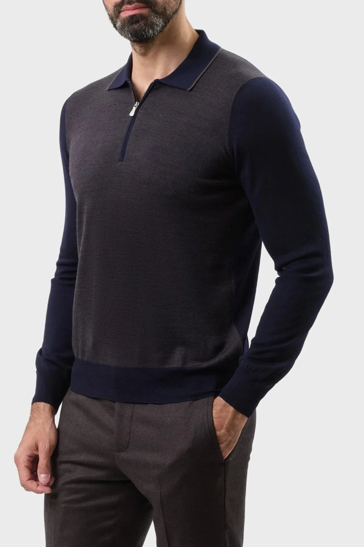 Gran Sasso % 100 Yün Regular Fit Yarım Fermuarlı Erkek Polo Yaka Kazak 43108 14713 598 LACİVERT - 4