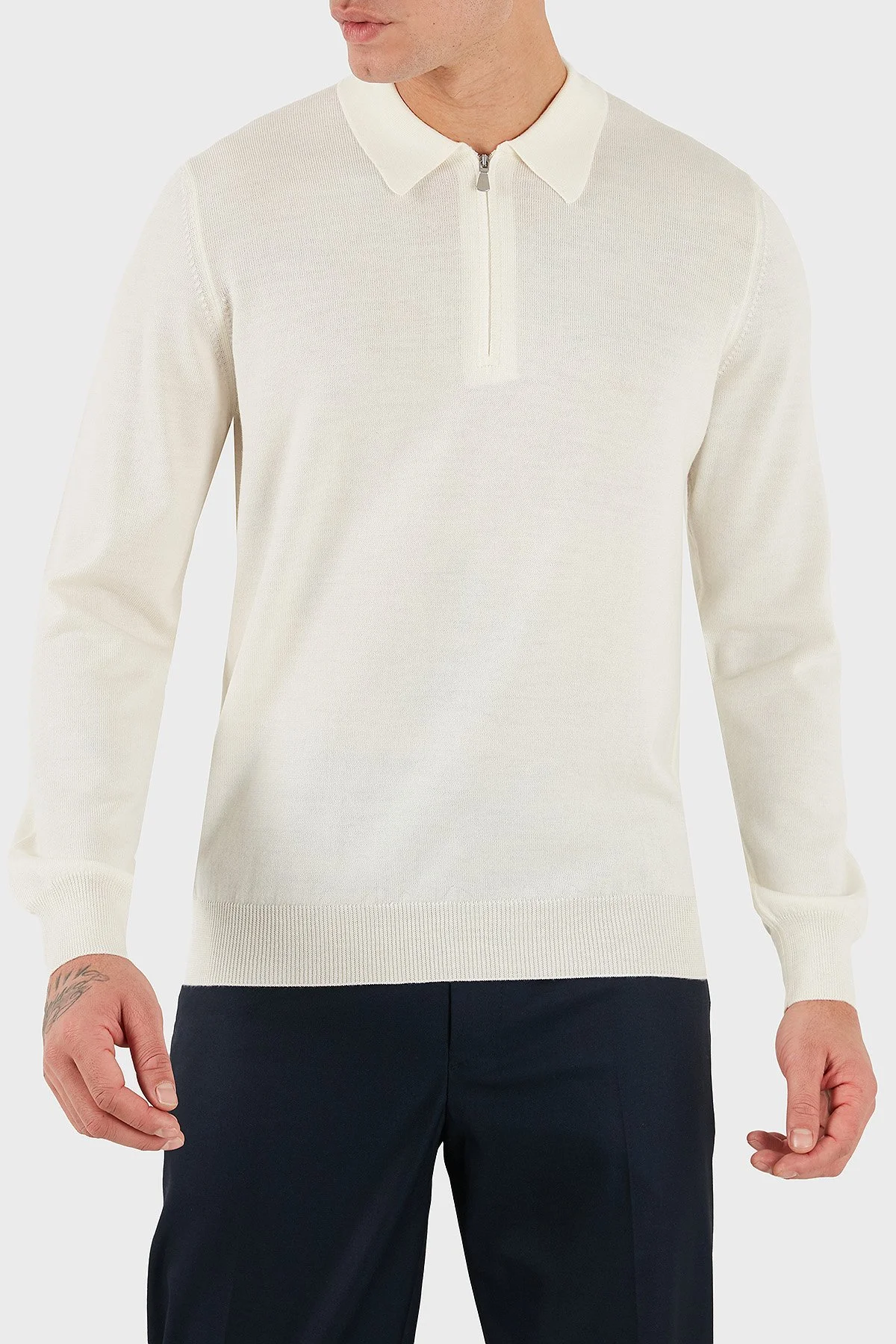 Gran Sasso % 100 Yün Regular Fit Yarım Fermuarlı Erkek Polo Yaka Kazak 55125 14290 005 EKRU - 1