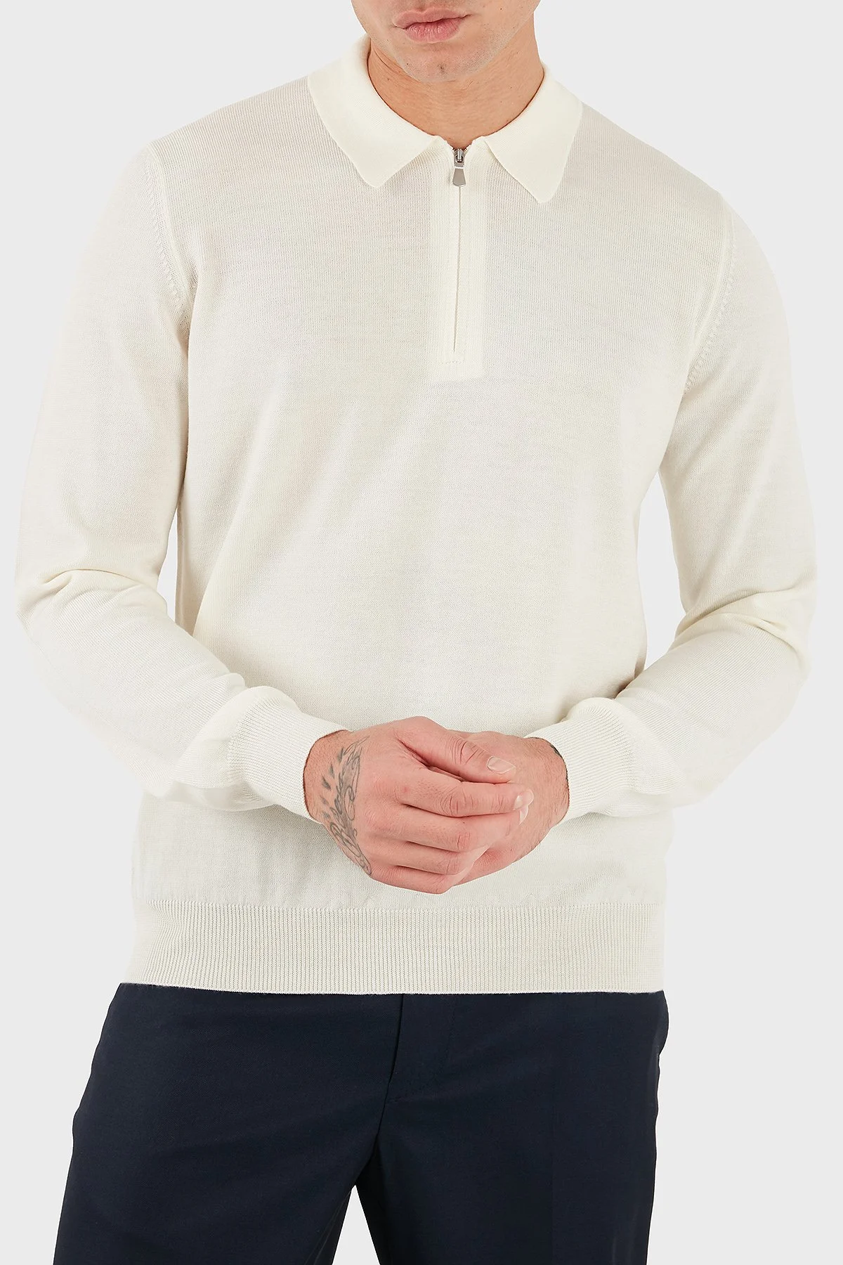 Gran Sasso % 100 Yün Regular Fit Yarım Fermuarlı Erkek Polo Yaka Kazak 55125 14290 005 EKRU - 4