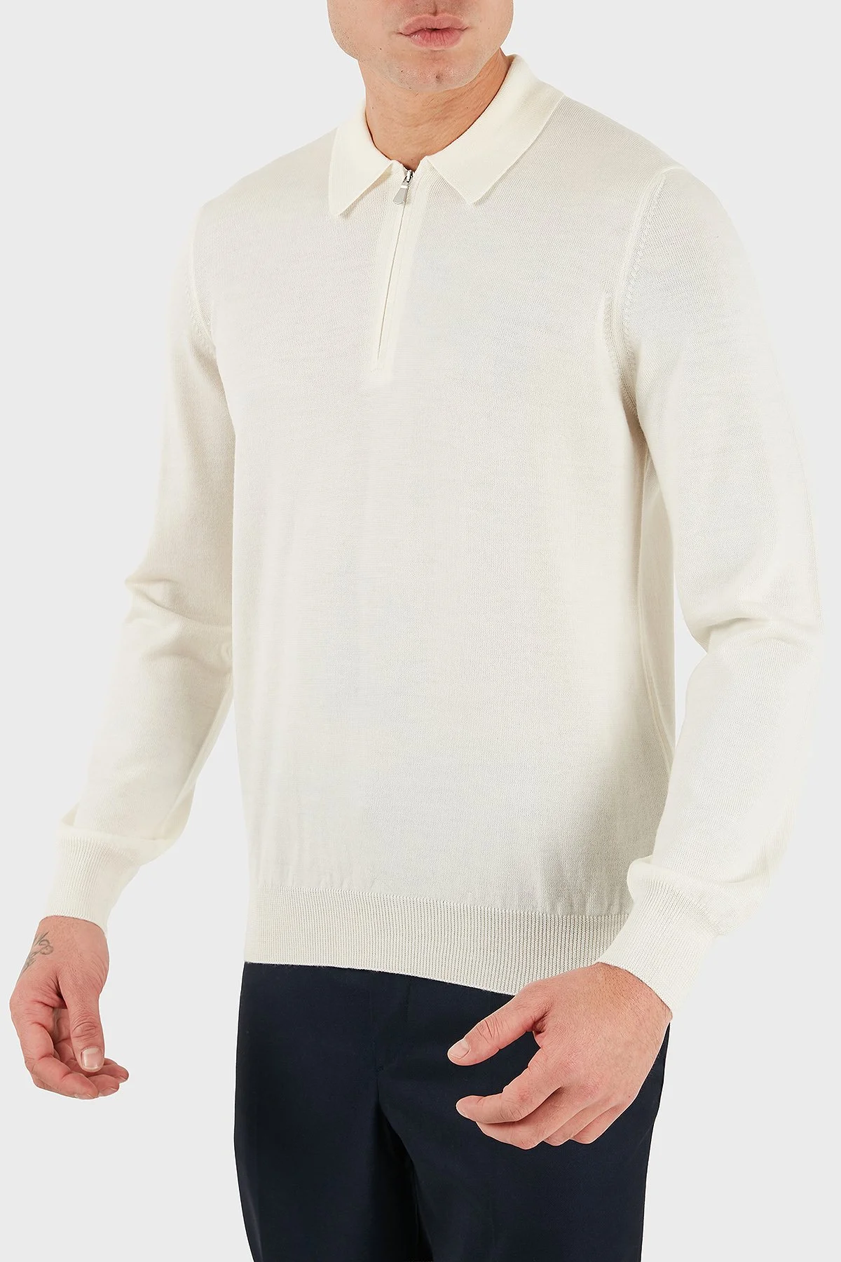 Gran Sasso % 100 Yün Regular Fit Yarım Fermuarlı Erkek Polo Yaka Kazak 55125 14290 005 EKRU - 5