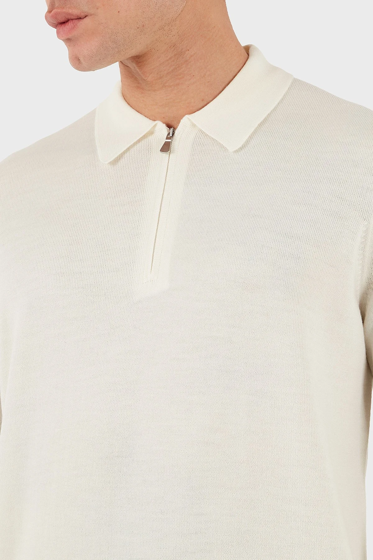 Gran Sasso % 100 Yün Regular Fit Yarım Fermuarlı Erkek Polo Yaka Kazak 55125 14290 005 EKRU - 6