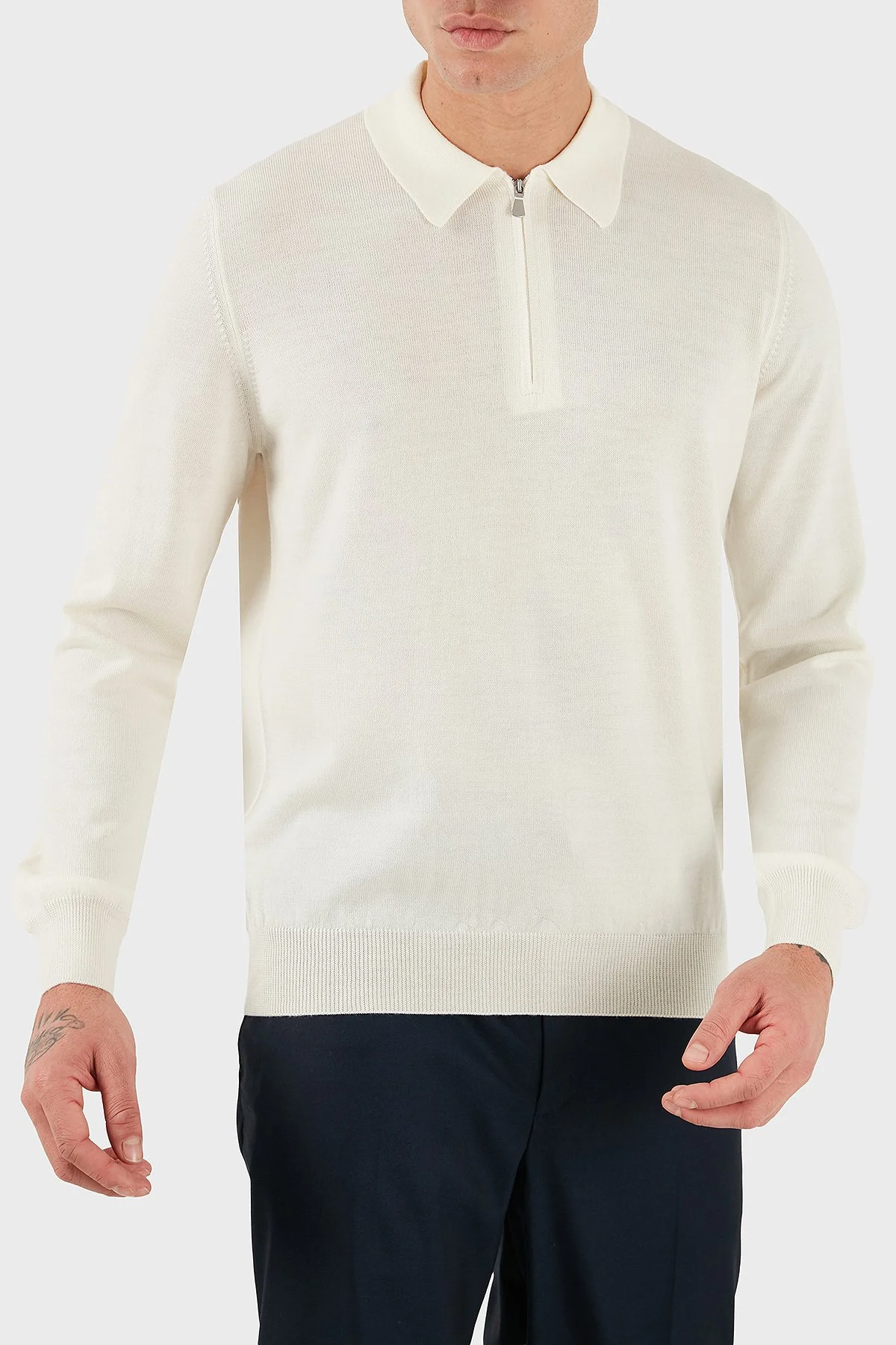 Gran Sasso % 100 Yün Regular Fit Yarım Fermuarlı Erkek Polo Yaka Kazak 55125 14290 005 EKRU - 3