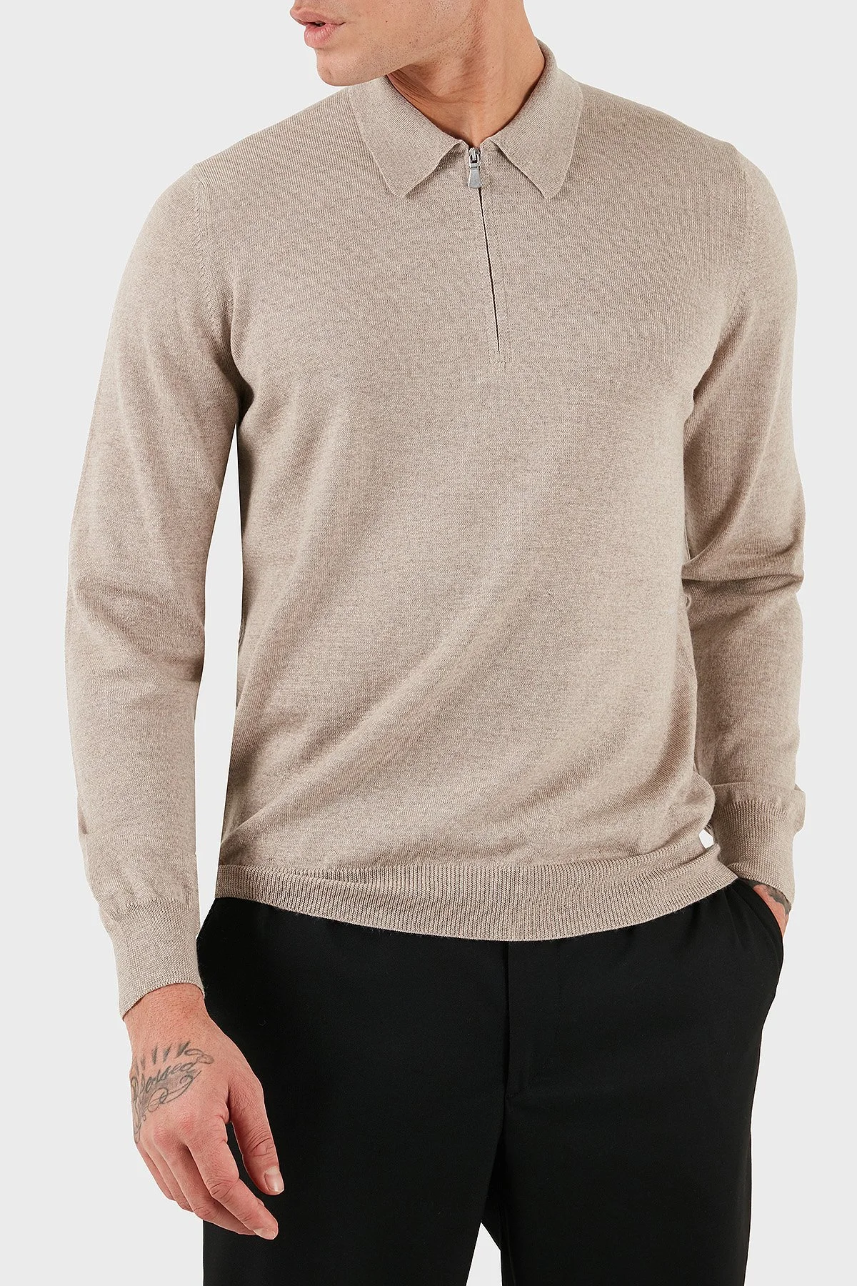 Gran Sasso % 100 Yün Regular Fit Yarım Fermuarlı Erkek Polo Yaka Kazak 55125 14290 018 SÜTLÜ KAHVE - 1