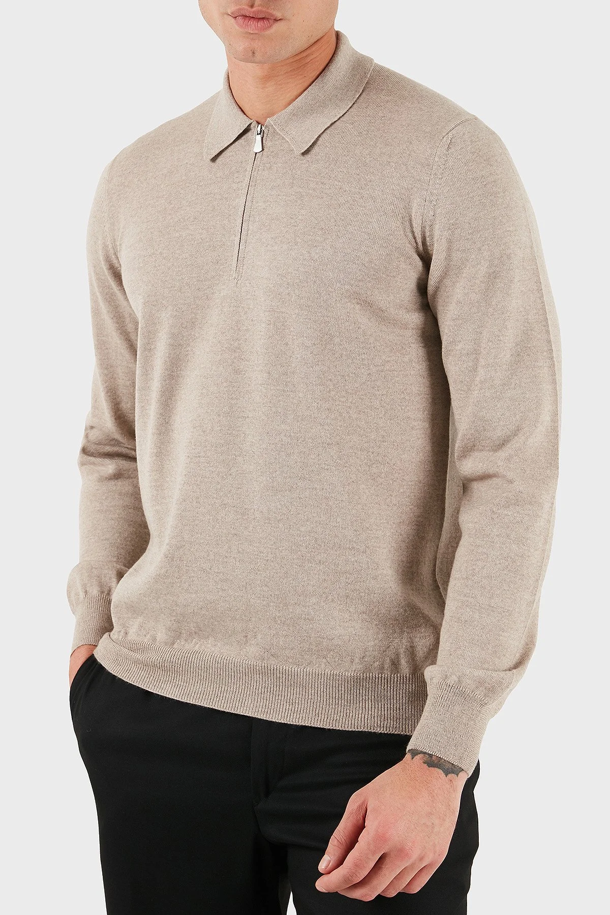 Gran Sasso % 100 Yün Regular Fit Yarım Fermuarlı Erkek Polo Yaka Kazak 55125 14290 018 SÜTLÜ KAHVE - 3