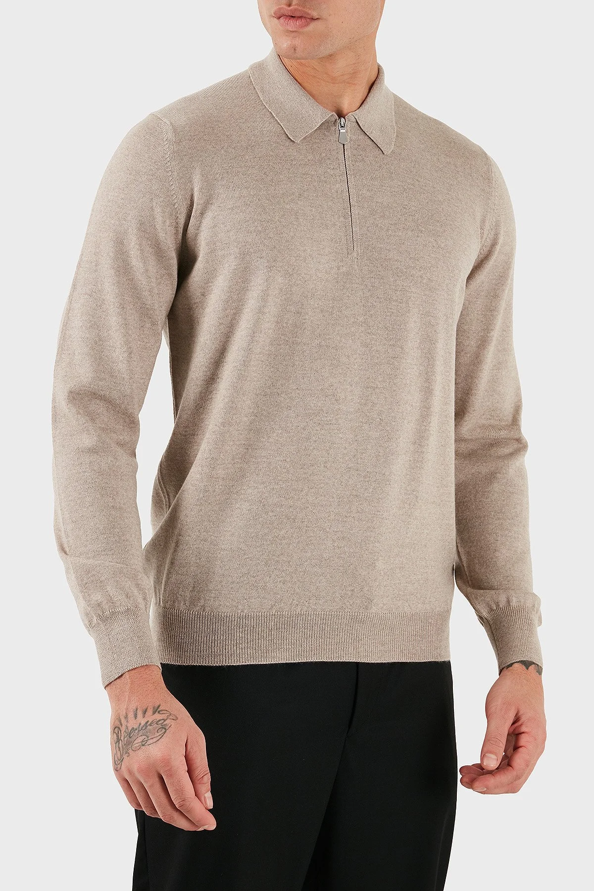 Gran Sasso % 100 Yün Regular Fit Yarım Fermuarlı Erkek Polo Yaka Kazak 55125 14290 018 SÜTLÜ KAHVE - 4