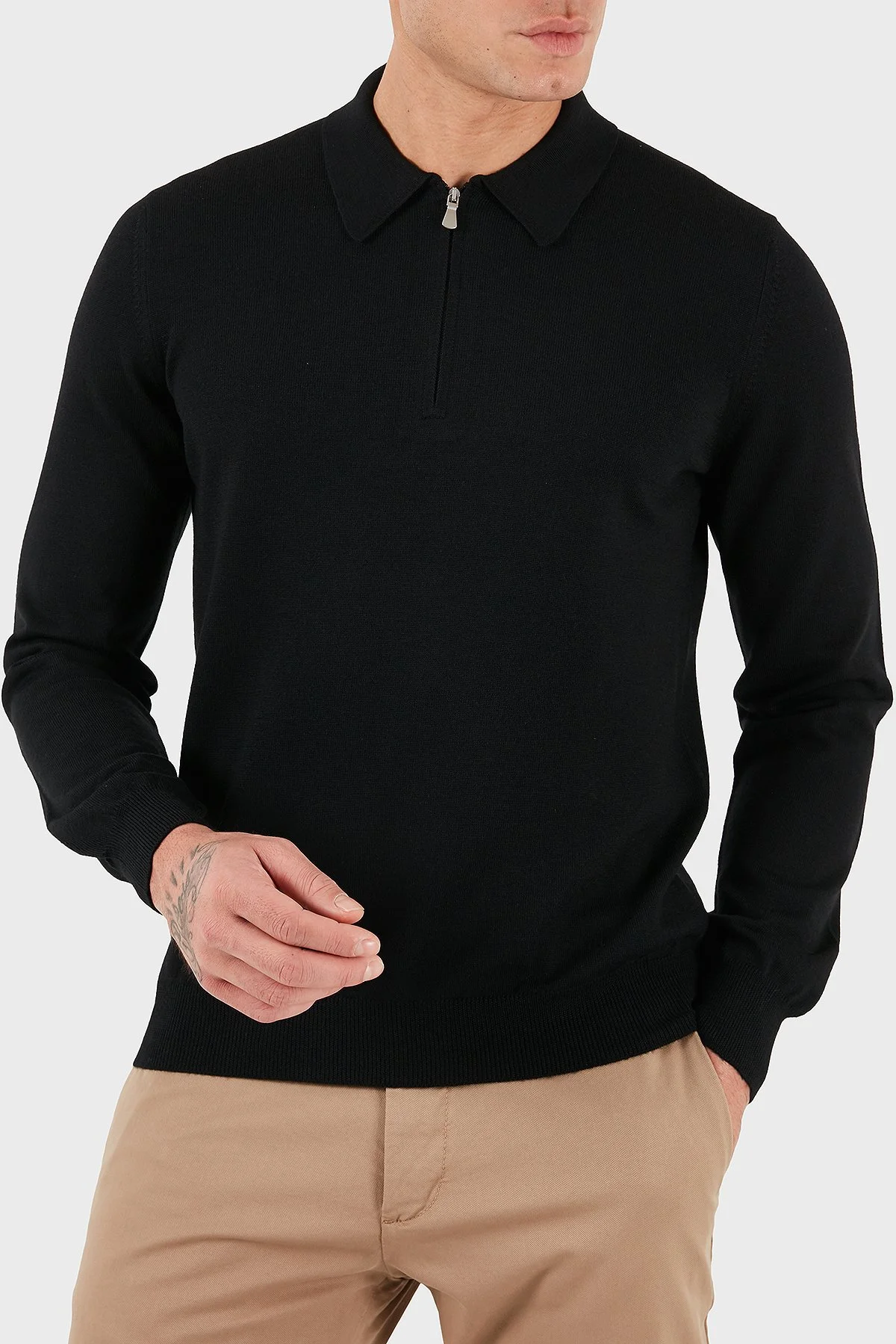 Gran Sasso % 100 Yün Regular Fit Yarım Fermuarlı Erkek Polo Yaka Kazak 55125 14290 099 SİYAH - 1