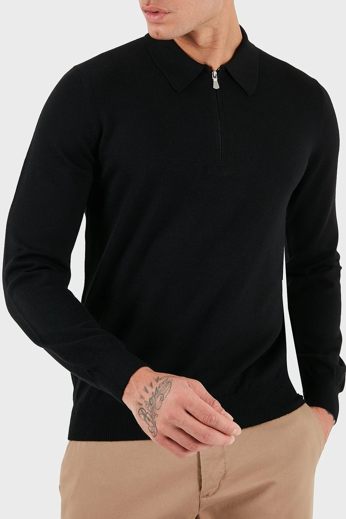 Gran Sasso % 100 Yün Regular Fit Yarım Fermuarlı Erkek Polo Yaka Kazak 55125 14290 099 SİYAH - 3