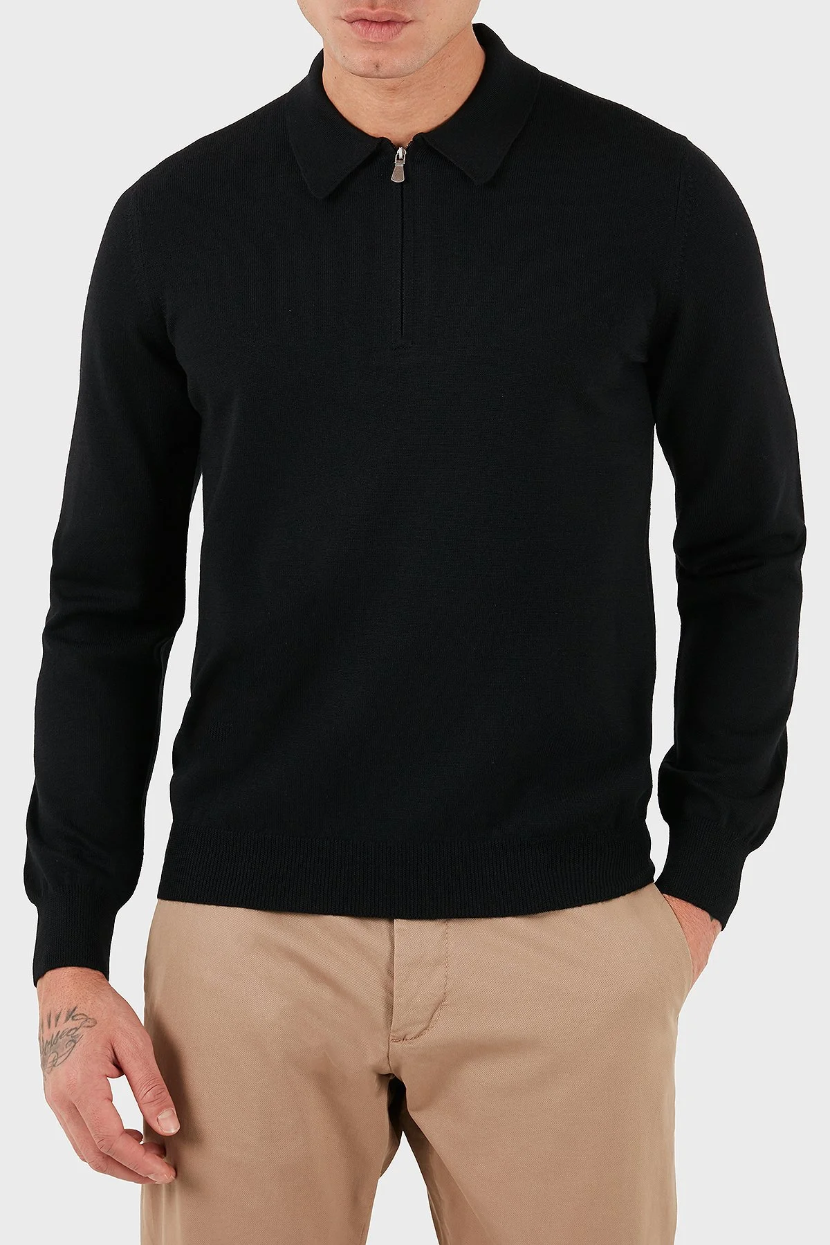 Gran Sasso % 100 Yün Regular Fit Yarım Fermuarlı Erkek Polo Yaka Kazak 55125 14290 099 SİYAH - 4