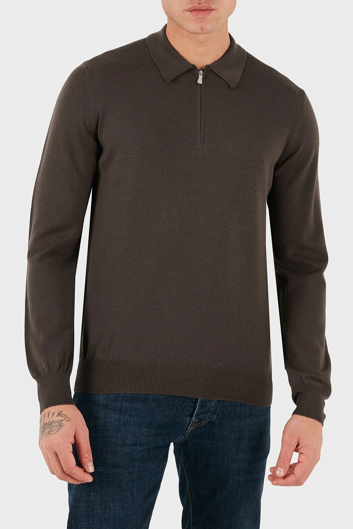 Gran Sasso % 100 Yün Regular Fit Yarım Fermuarlı Erkek Polo Yaka Kazak 55125 14290 177 KAHVE - 1