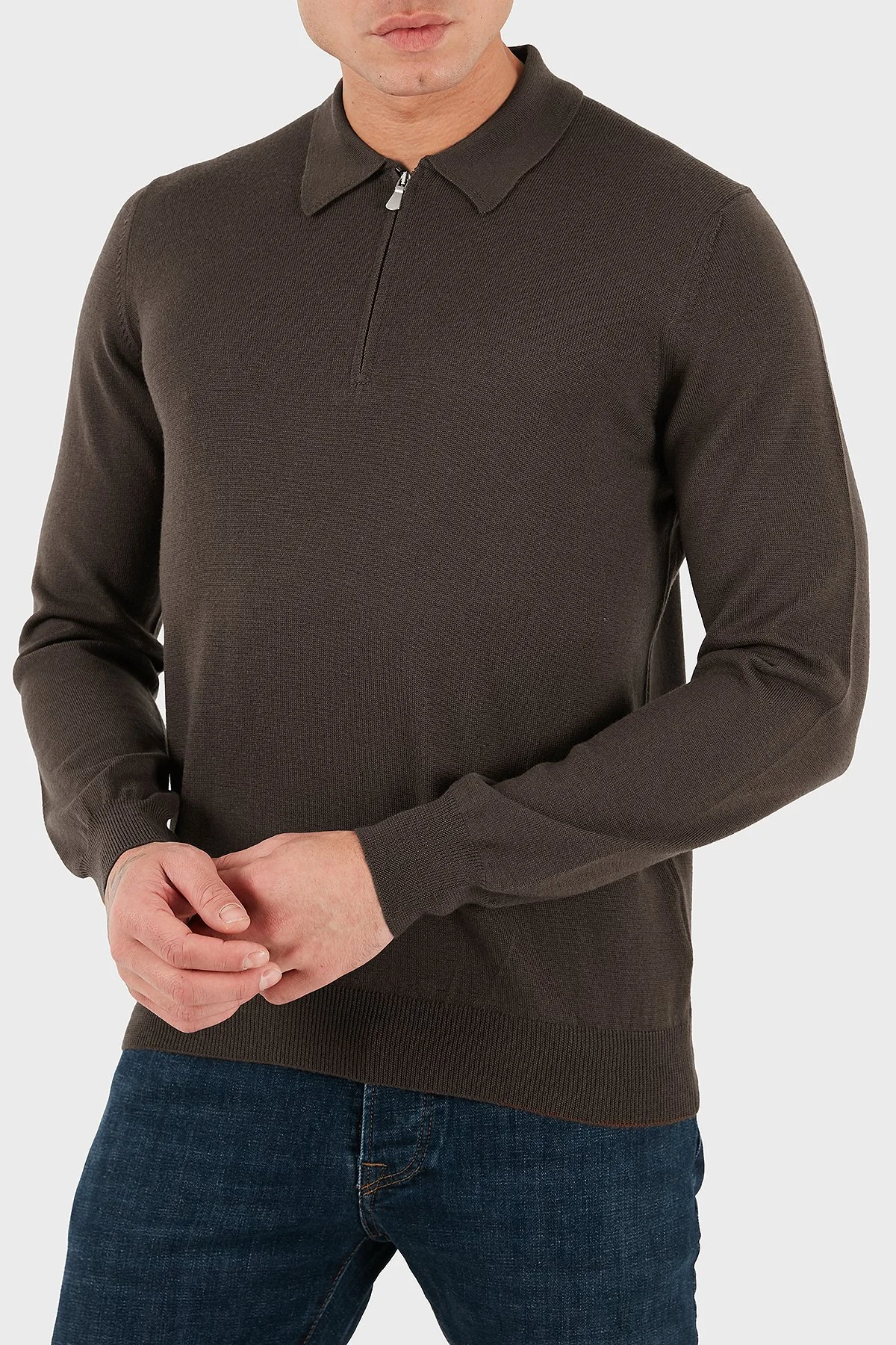 Gran Sasso % 100 Yün Regular Fit Yarım Fermuarlı Erkek Polo Yaka Kazak 55125 14290 177 KAHVE - 3