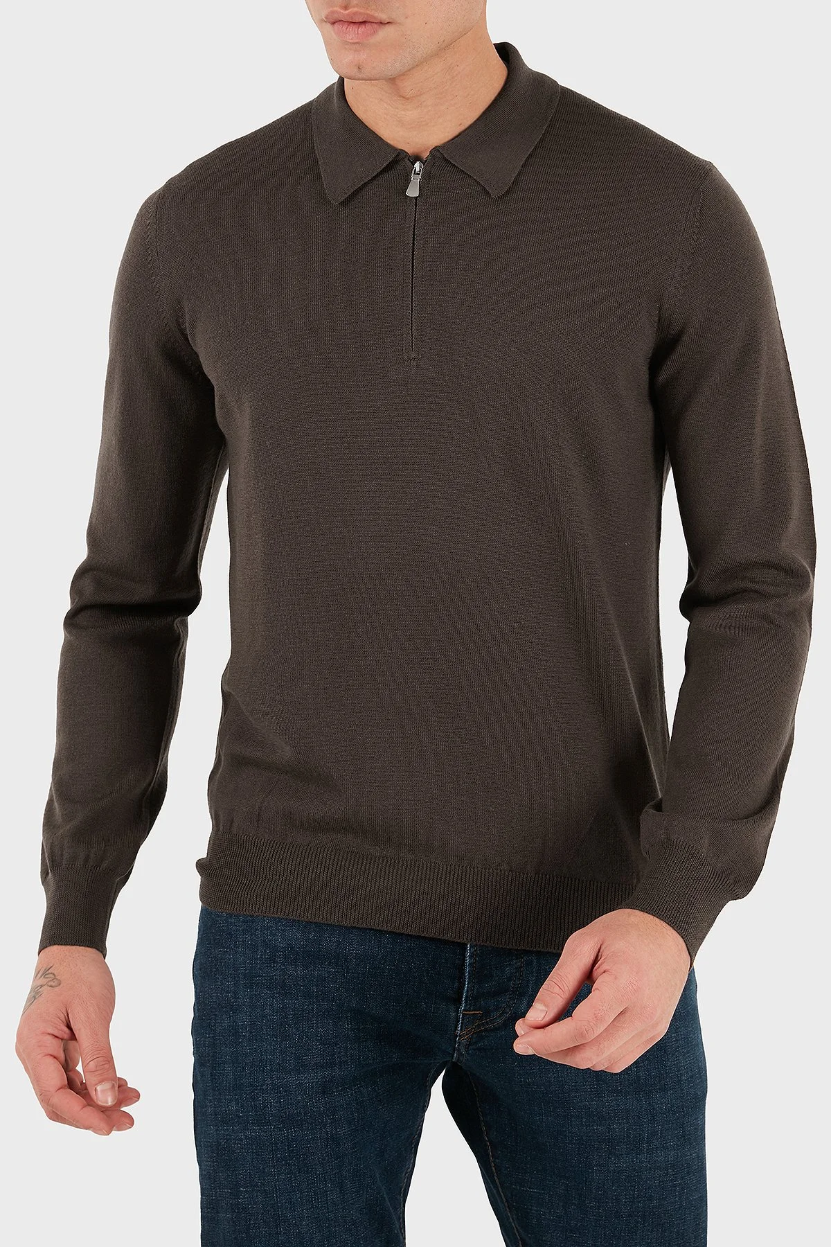 Gran Sasso % 100 Yün Regular Fit Yarım Fermuarlı Erkek Polo Yaka Kazak 55125 14290 177 KAHVE - 4