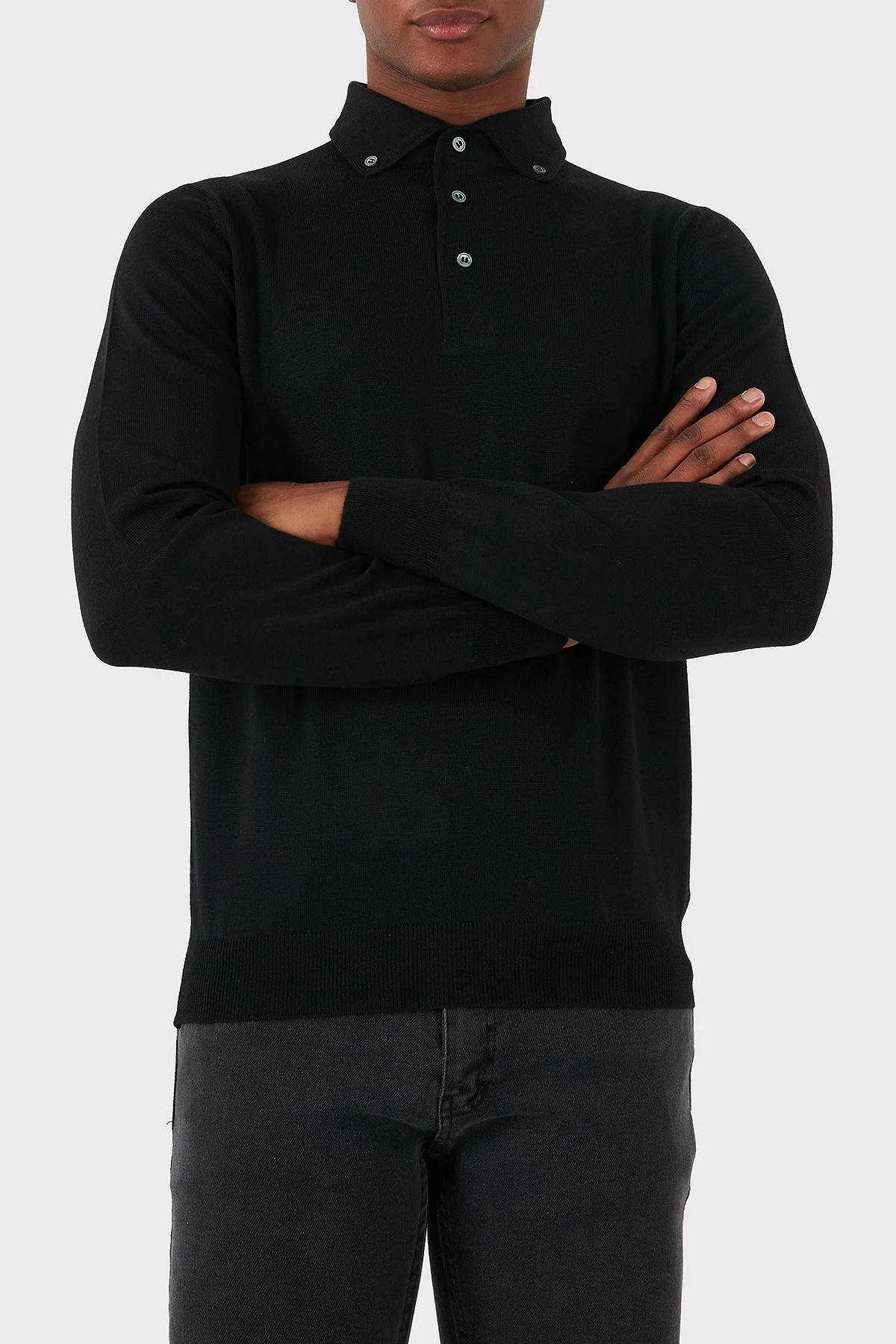 Gran Sasso % 100 Yün Slim Fit Düğmeli Erkek Polo Yaka Sweat 57163 14293 099 SİYAH - 3